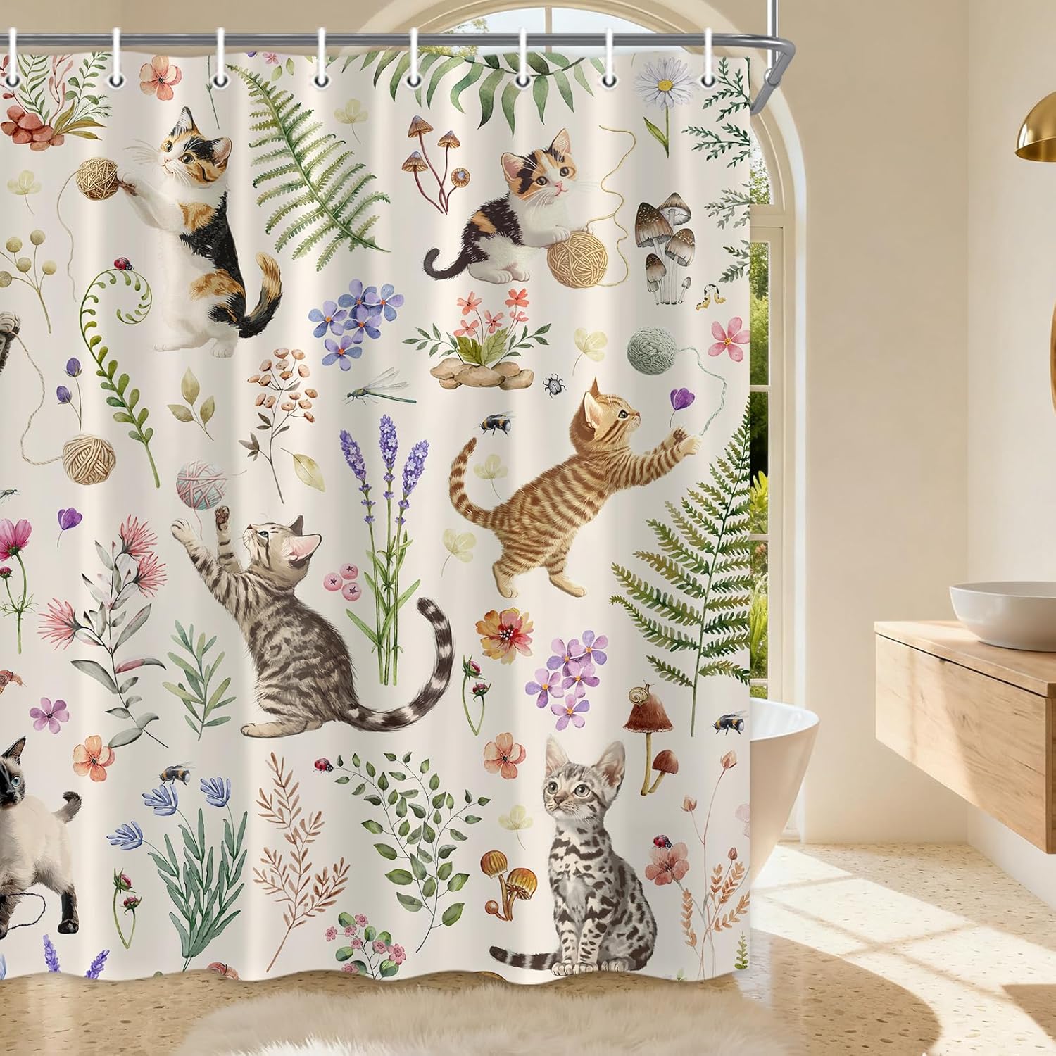 Cat Shower Curtain, Boho Watercolor Floral Plant Shower Curtains for Bathroom, Cute Funny Animal Wildflowers Print Waterproof Polyester Fabric Shower Curtain Set with 12 Hooks,72X78IN