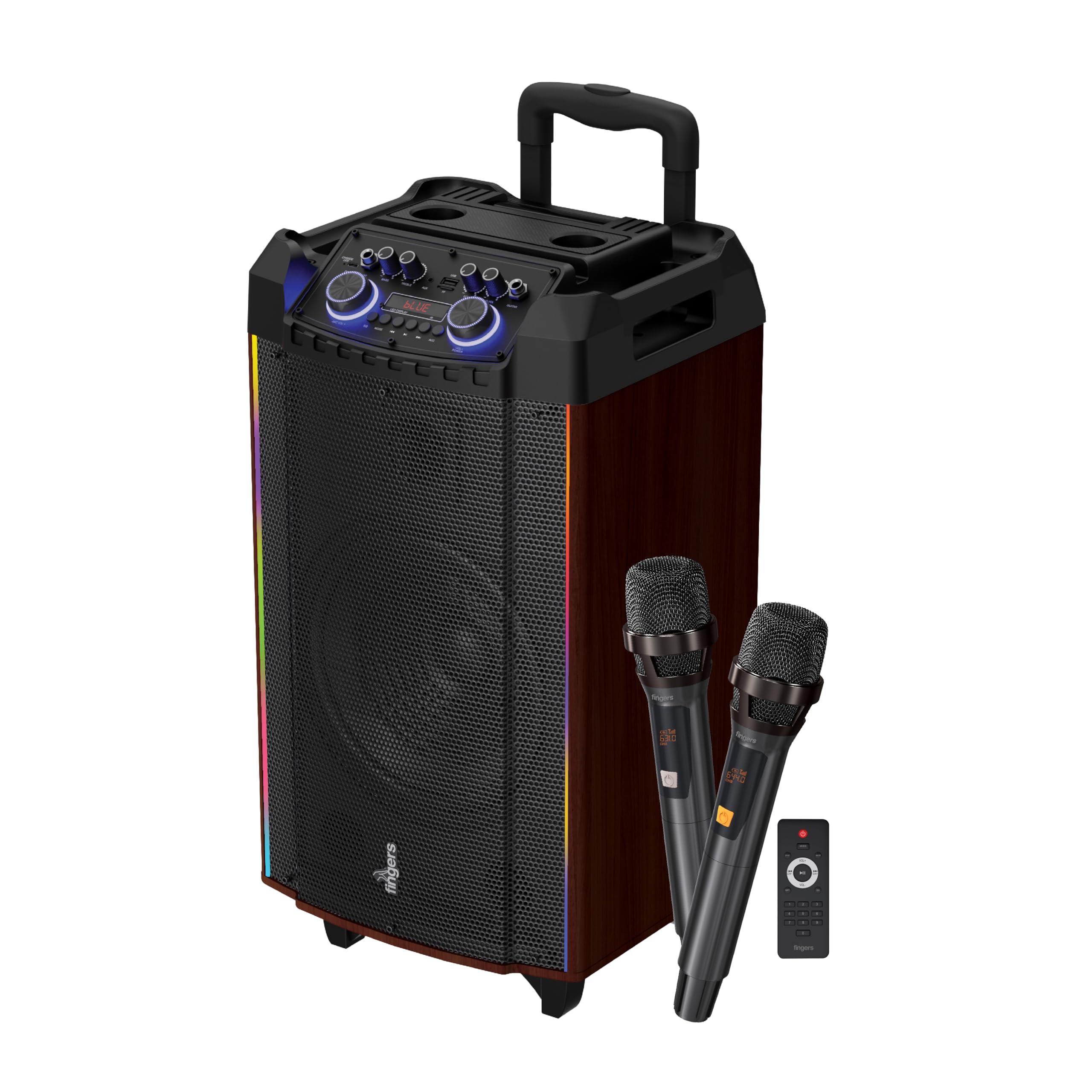 FINGERS RollingParties WoodSound-81 Wood-encased Party Speaker with 70W Deep Bass, Soft RGB Lights, Guitar Input, TWS Support, Bundled 2 Wireless U-Band Mics for Karaoke & Parties-image-37