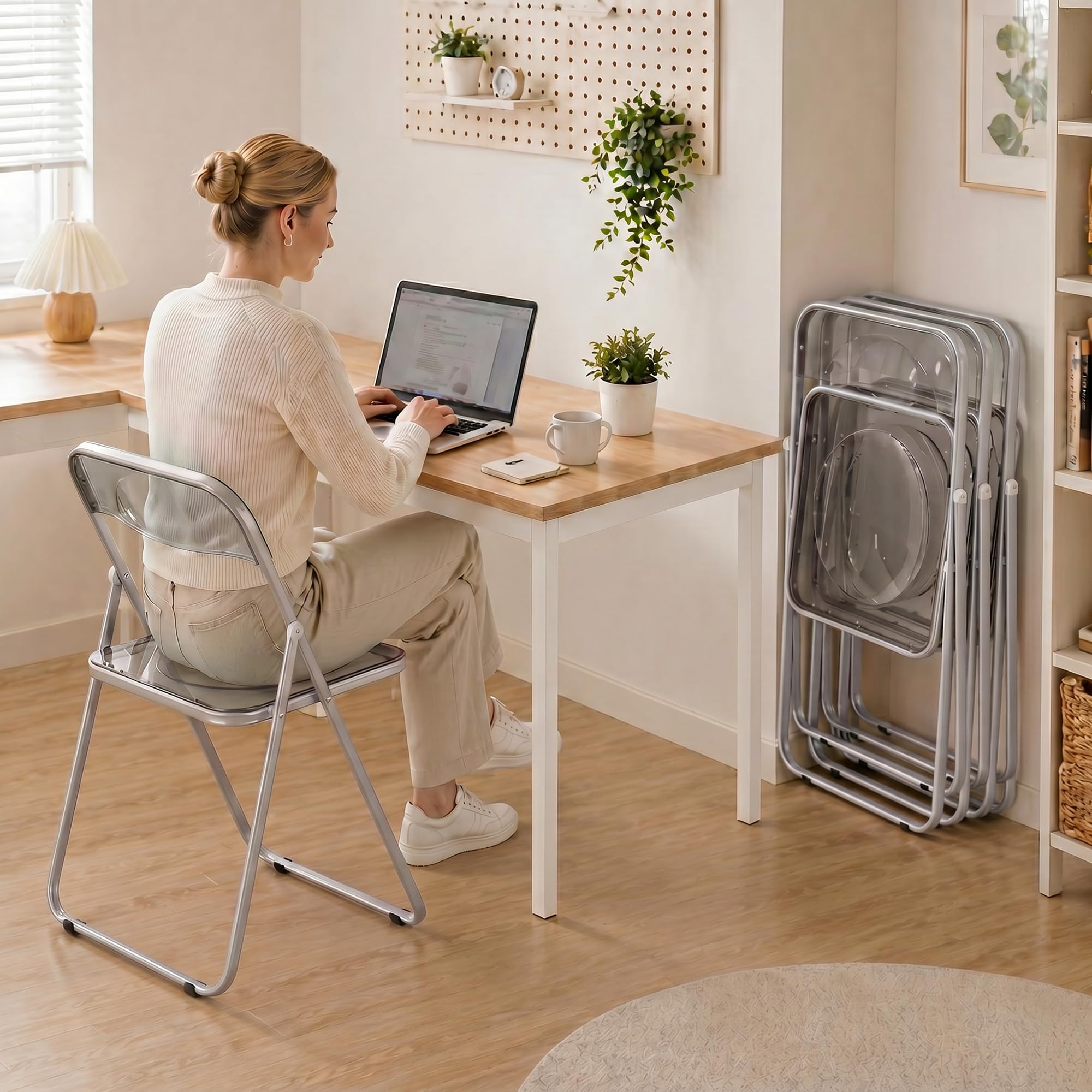 HOMCOM Lot de 4 chaises Pliantes en Acrylique 47x48x75 cm Gris | Pliables, gain de place intérieur, cadre en acier, portables, pour maison, bureau, cuisine, événements