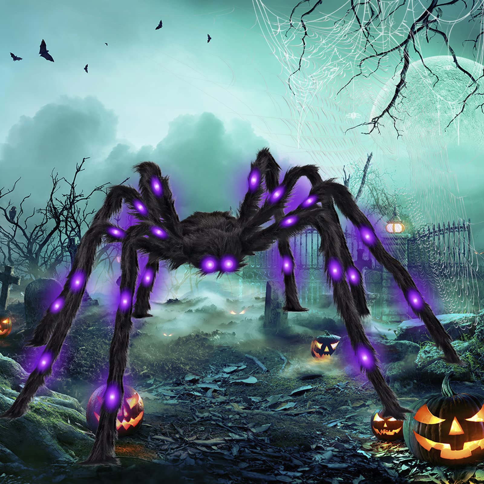 OurWarm 5ft Halloween Spider Decorations Outdoor, Giant Spider with Purple LED Lights, Scary Fake Spider Hairy Spider Props for Halloween Indoor Outdoor Yard Lawn Party Haunted House Décor