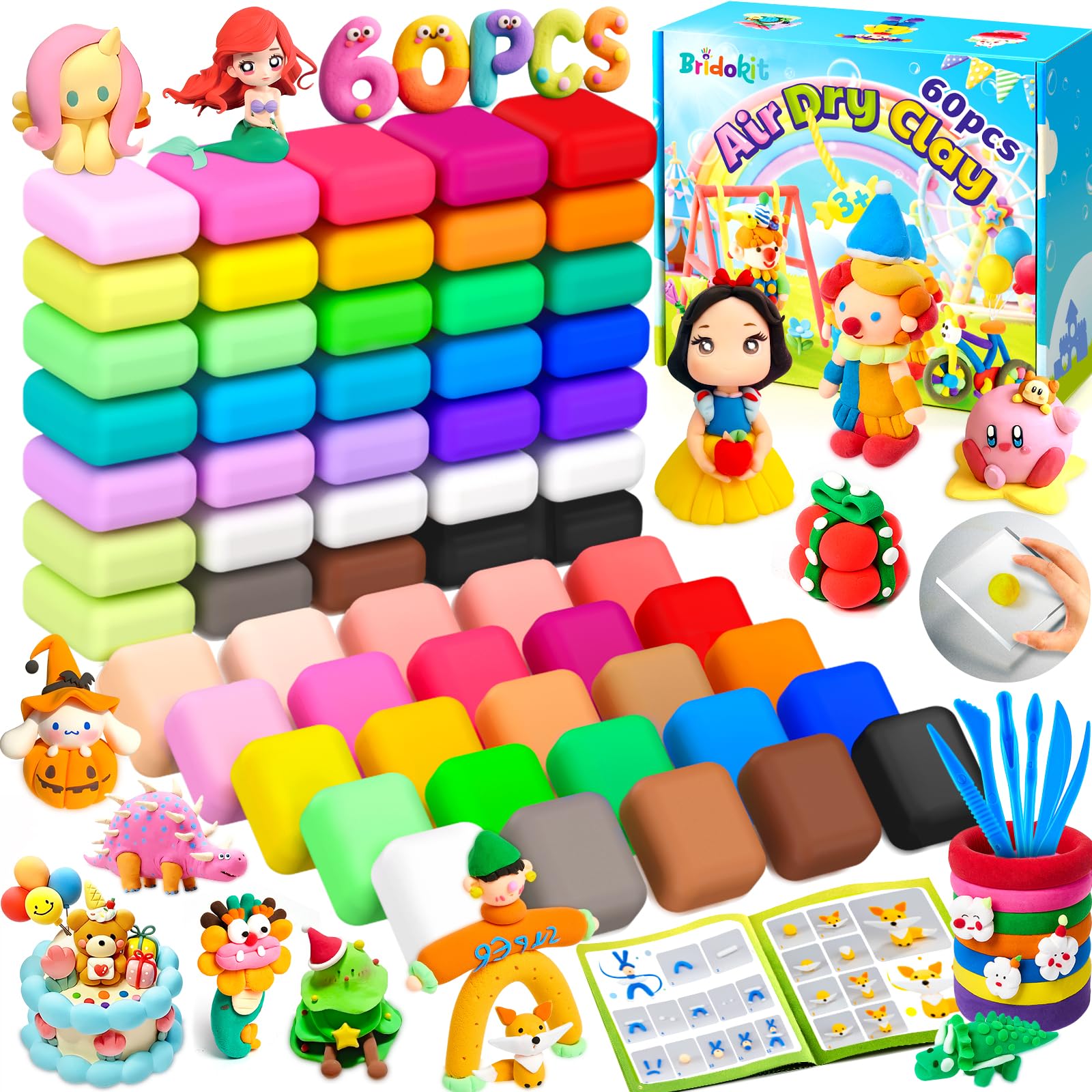 Bridokit Air Dry Clay, 60 Packs Air Modelling Clay for Kids with More White Magic Clay, Press Plate, Modelling Tools, Booklet, DIY Creative Craft Clay Kits for Kids, Soft Light and No-Sticky