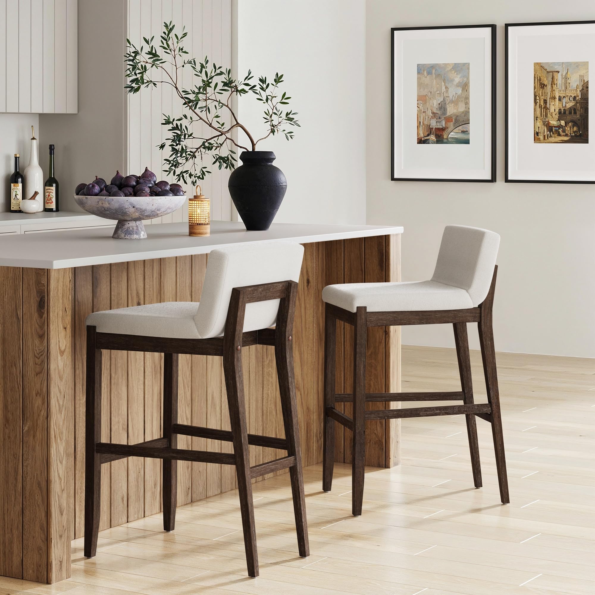Nathan James Gracie Scandinavian Bar Stool with Back, Wooden Bar Stool for Kitchen Island with Boucle Upholstery, Cream Boucle/Dark Brown, Set of 2