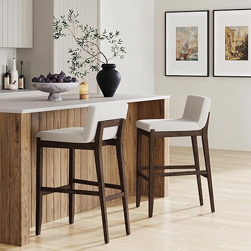 Nathan James - Linus - Moderno taburete alto tapizado con respaldo de piel sintética y patas de madera de caucho sólida con acabado cepillado marrón