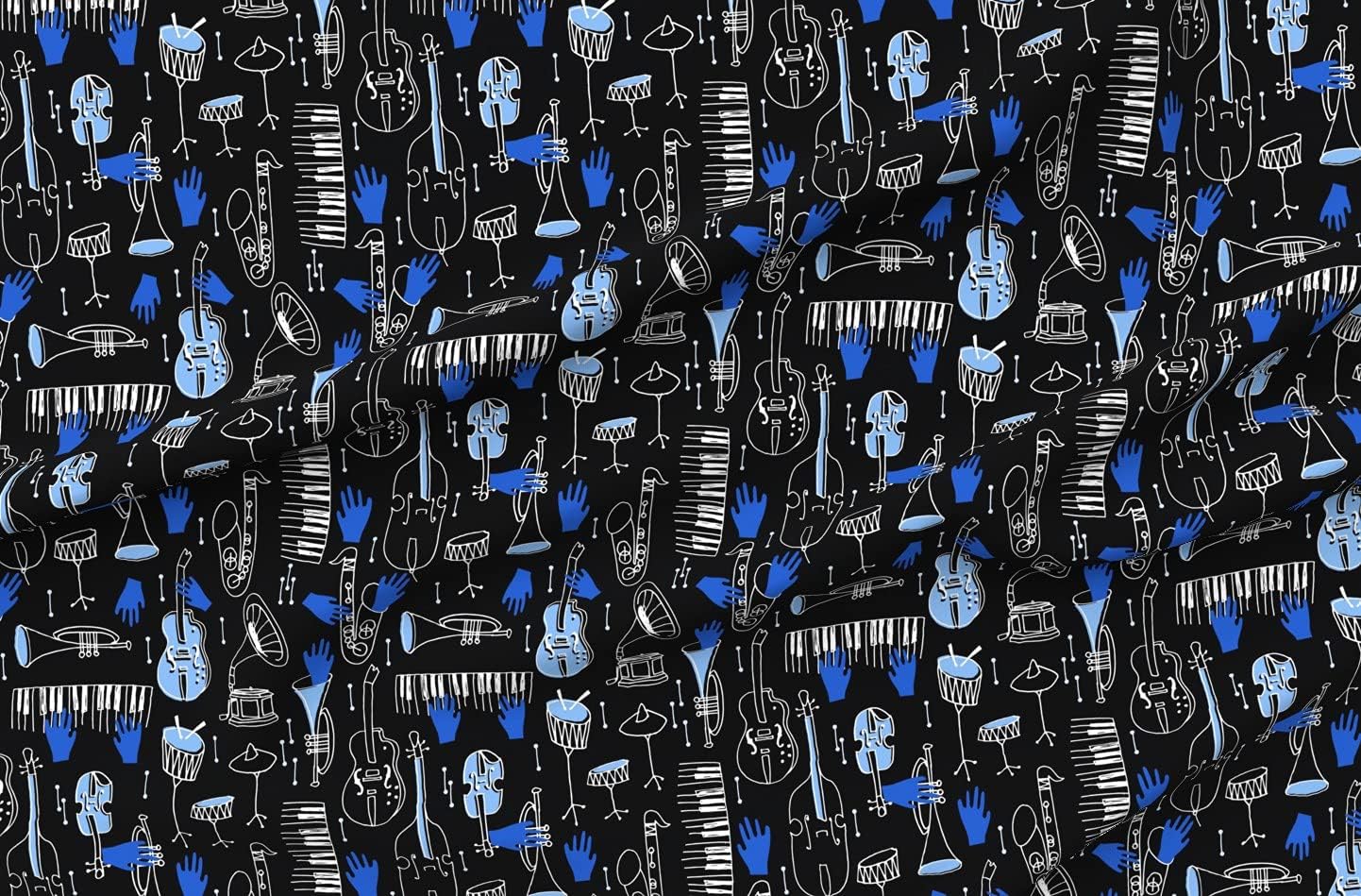 Spoonflower Fabric - Blue Musical Jazz Music Blues Piano Trumpet American Bass Printed on Petal Signature Cotton Fabric by The Yard - Sewing Quilting Apparel Crafts Decor
