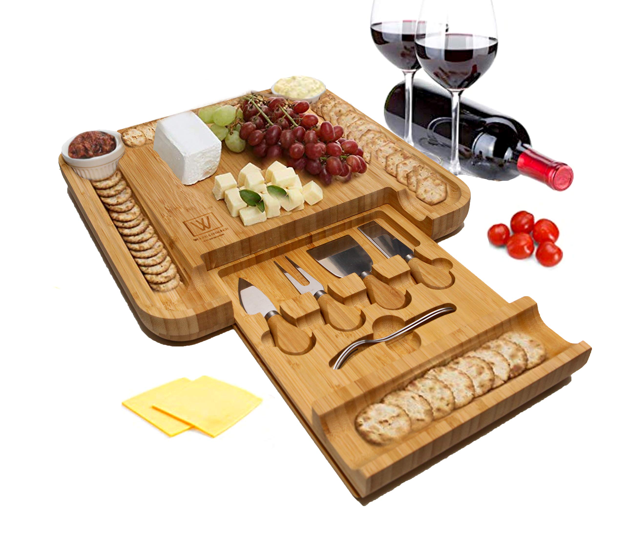 Wolfe & Brauner Bamboo Charcuterie Board Set - Cheese Board Platter and Serving Tray with Stainless Steel Cutlery in Slide Out Drawer Along with 2 Ceramic Cups for Spreads