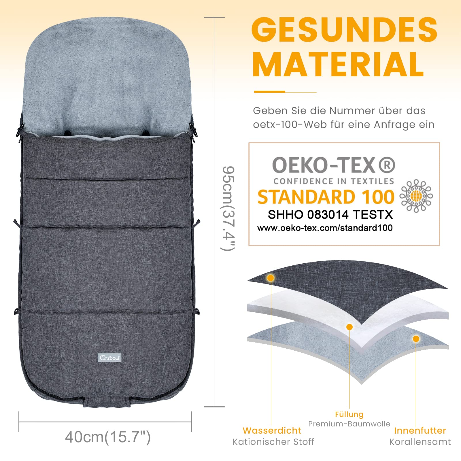 Orzbow Fußsack Kinderwagen Winter, L-Förmig, Dunkelgrau | Seitlicher und Unterer Reißverschluss für Einfachen Zugang, Warmes Dickes Korallenvlies, 95*40 cm, Universelle & Abnehmbare