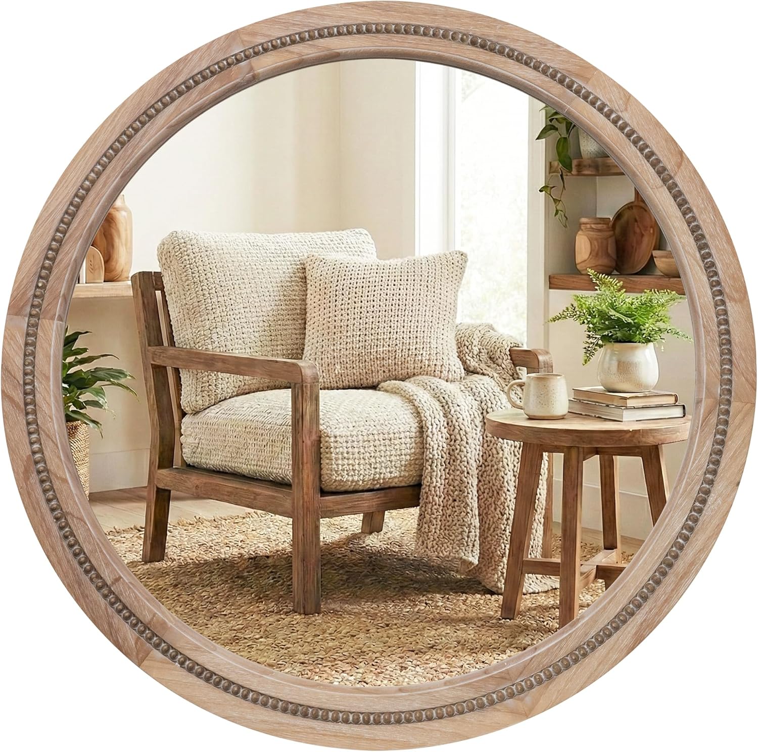 Pocetry 30" Round Solid Wood Beaded Mirror - Handcrafted Boho Farmhouse Wall Mirror for Bathroom Vanity, Entryway & Bedroom