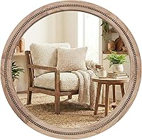 Pocetry 30" Round Solid Wood Beaded Mirror - Handcrafted Boho Farmhouse Wall Mirror for Bathroom Vanity, Entryway & Bedroom