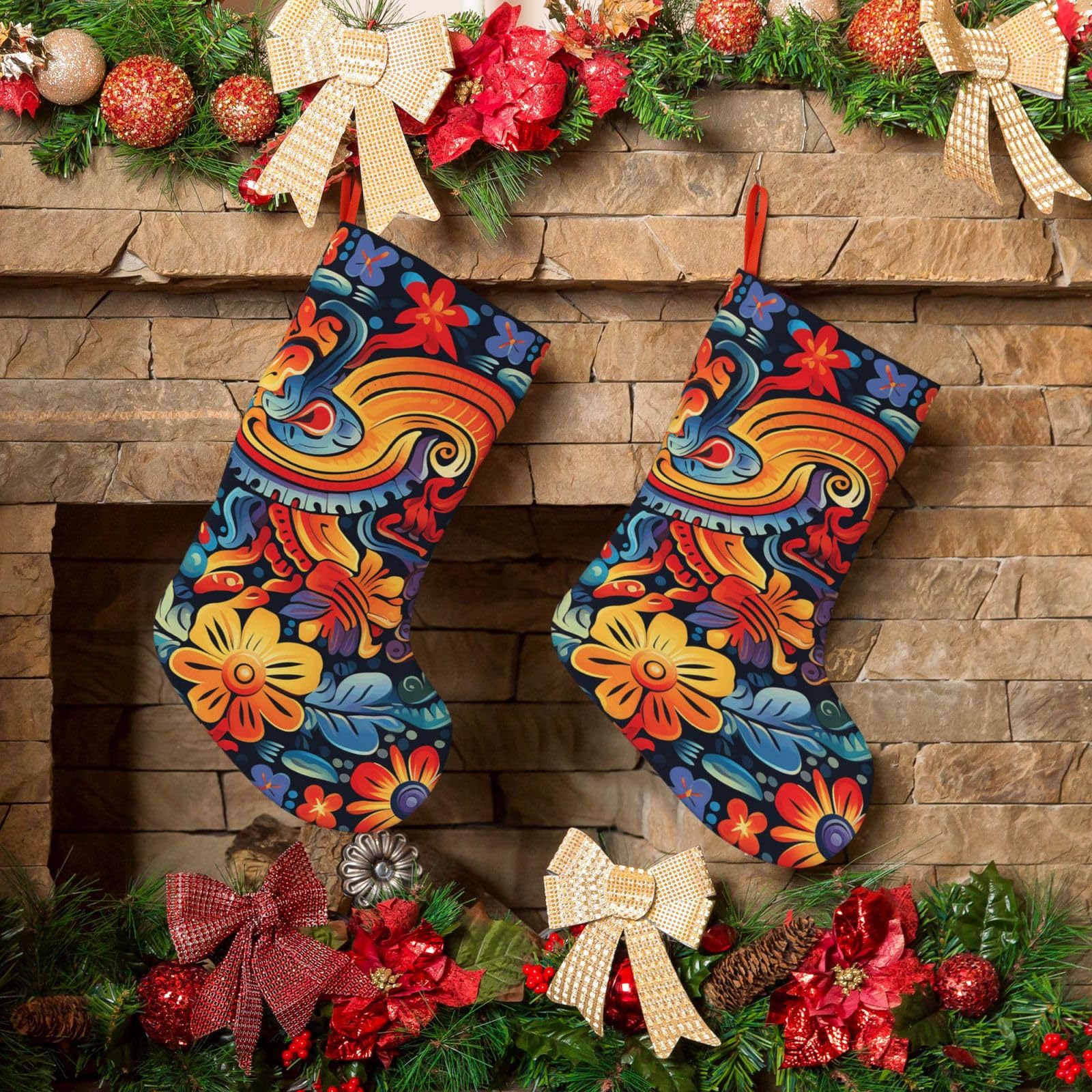 Fodpand Boys Black Mexican Christmas Stockings Hanging Ornaments For Holiday Decor, 18 Inches Velvet Fireplace Hanging Xmas Stocking, Candy Gift Bags For Christmas Decorations