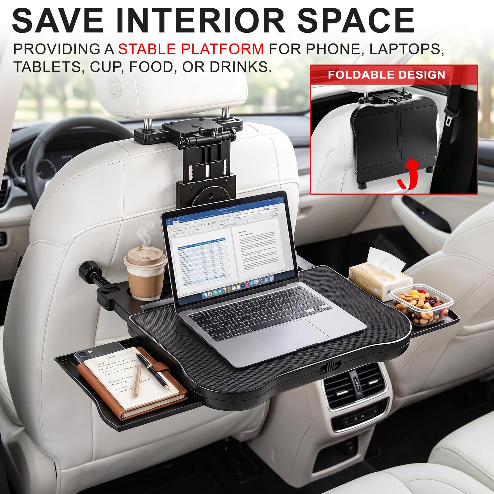 Mesa de Asiento Trasero para Coche, Mesa Portátil para el Asiento del Coche con Portavasos y Soporte para el Móvil, Mesa Multifuncional Plegable, Capacidad de Carga de 15-20 kg