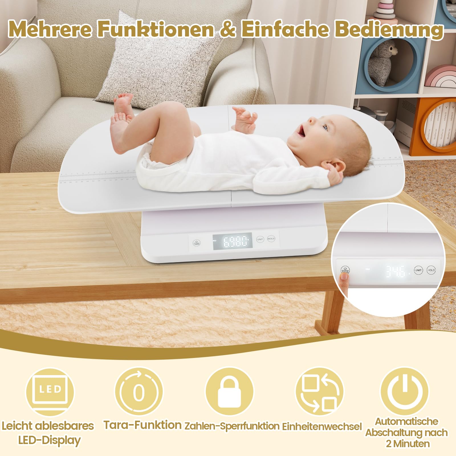 COSTWAY Babywaage digital, 50 g bis 150 kg, Kinderwaage mit abnehmbarem Tablett, Säuglingswaage mit LED-Anzeige, 5 Messmodi & Tarafunktion, Dititalwaage, Tierwaage für Baby, Erwachsene