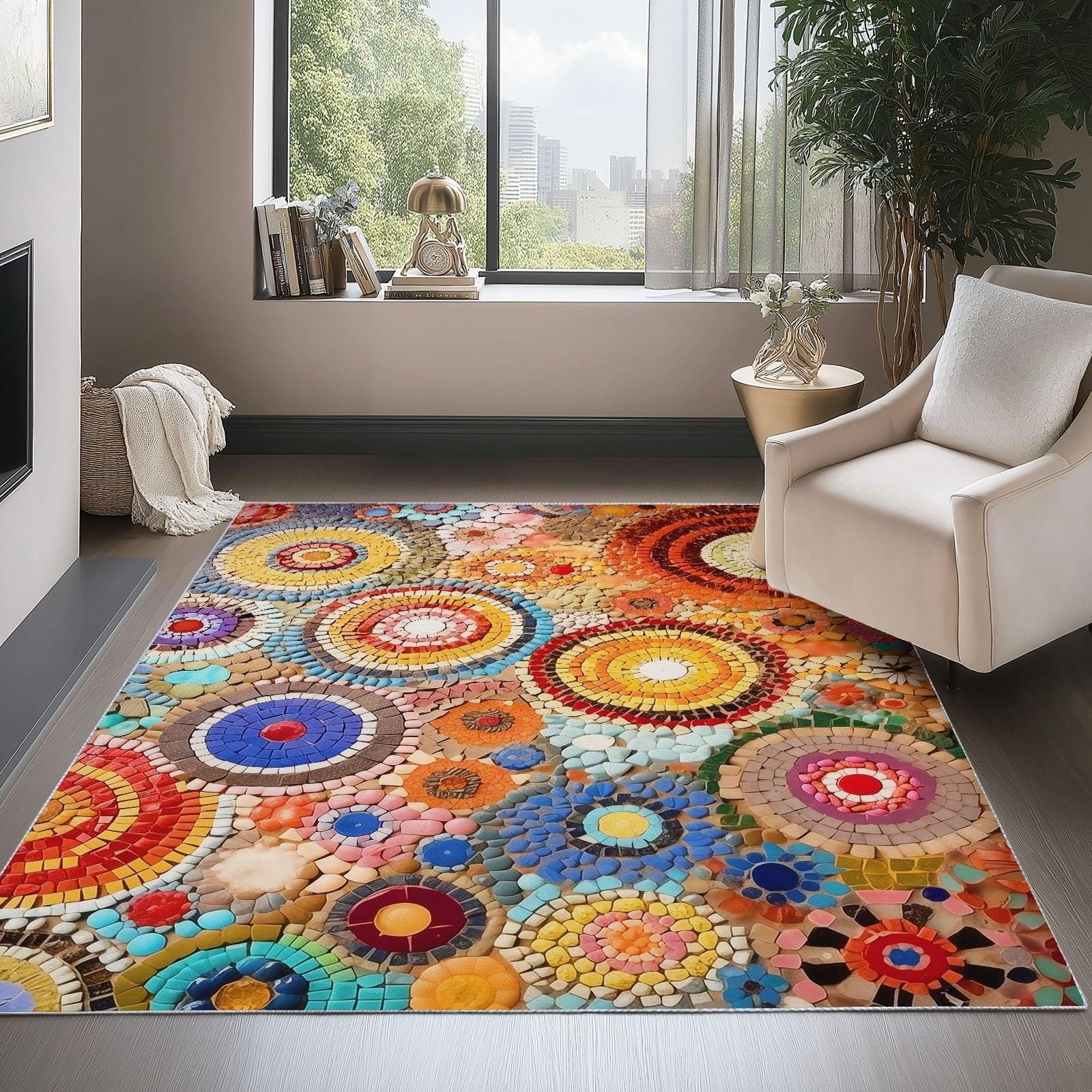Tapis de salon lavable et antidérapant style bohème coloré 100x140cm