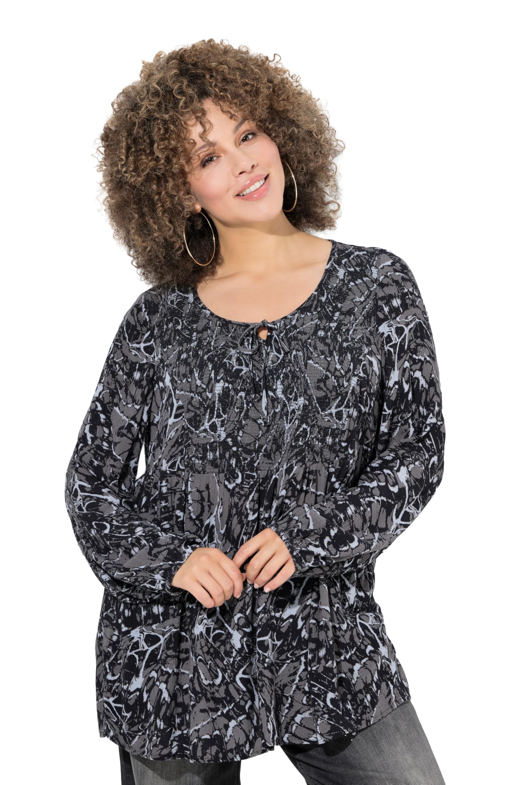 Ulla Popken Damen große Größen Übergrößen Plus Size Smokbluse, Schmetterlinge, A-Linie, Rundhals, Langarm 845210