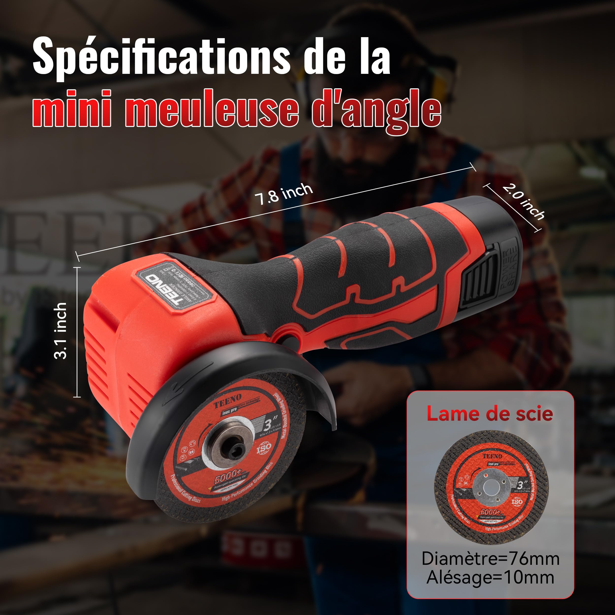 Meuleuse d'Angle TEENO 19 500 RPM - Disqueuse Sans Fil 76mm, Kit Complet avec 2 Batteries 2000mAh et 6 Disques - Pour Meulage, Polissage, Découpe Professionnelle