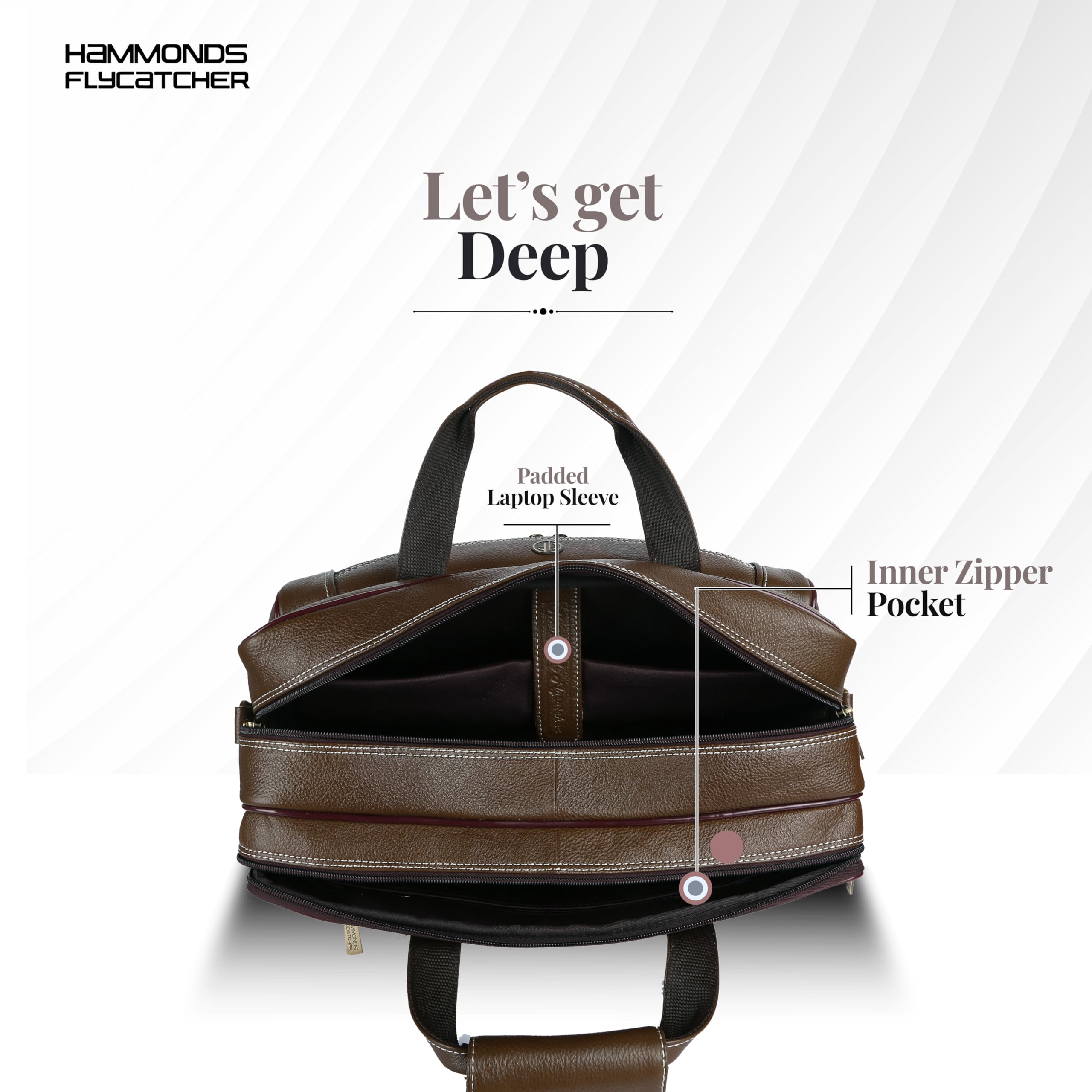 HAMMONDS FLYCATCHER Men Genuine Leather Office Bag - 15.6" Laptop Bag , Travel, Daily Use - Padded Laptop Compartment, Trolley Strap, Adjustable Strap, 1 Year Warranty, Brushwood, Brown 2