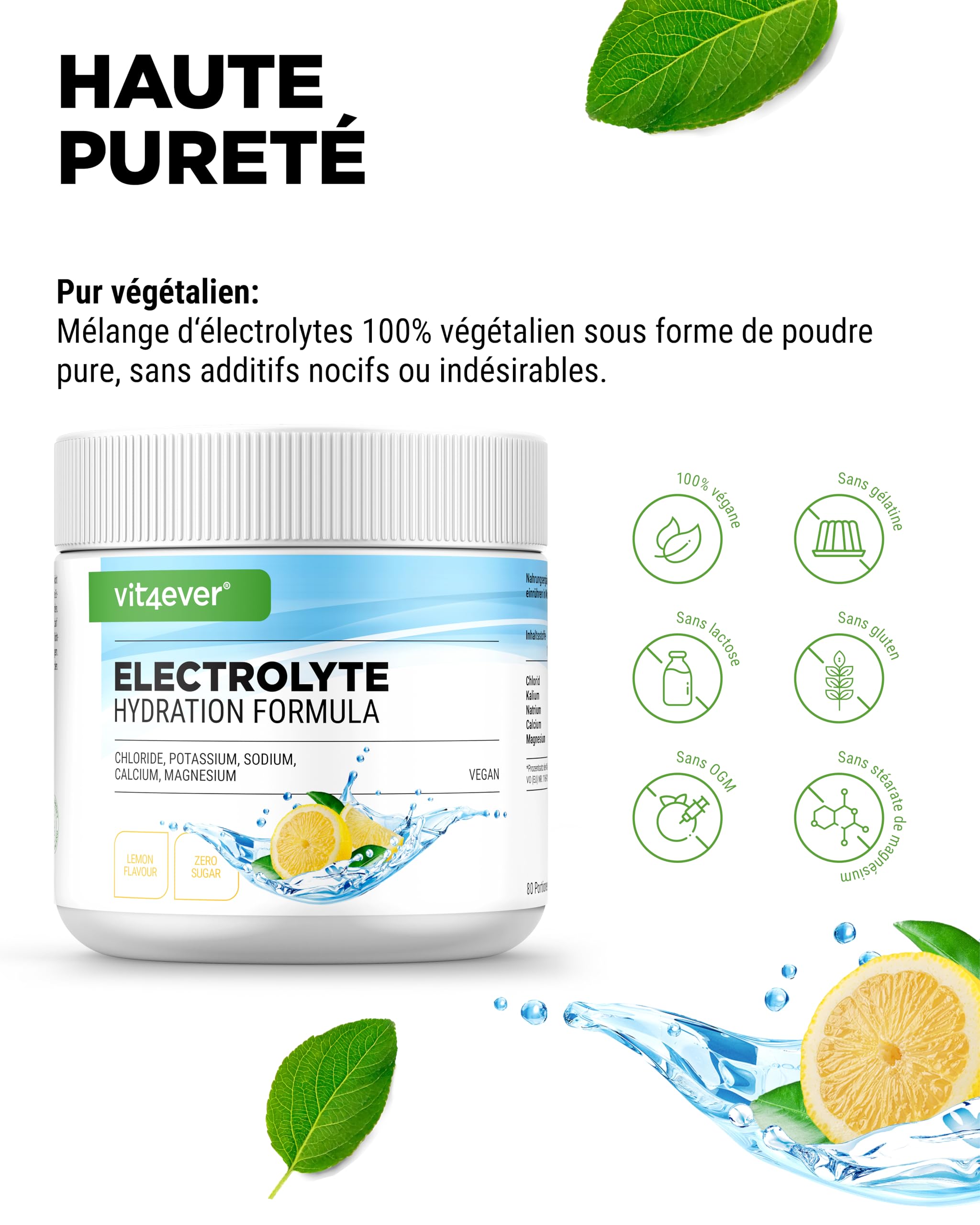 Electrolytes - 400 g (80 portions) - Formule d'hydratation avec chlorure, potassium, sodium, calcium, magnésium - Parfait pour les sportifs en cas de déshydratation - Sans sucre - Vegan - Goût citron