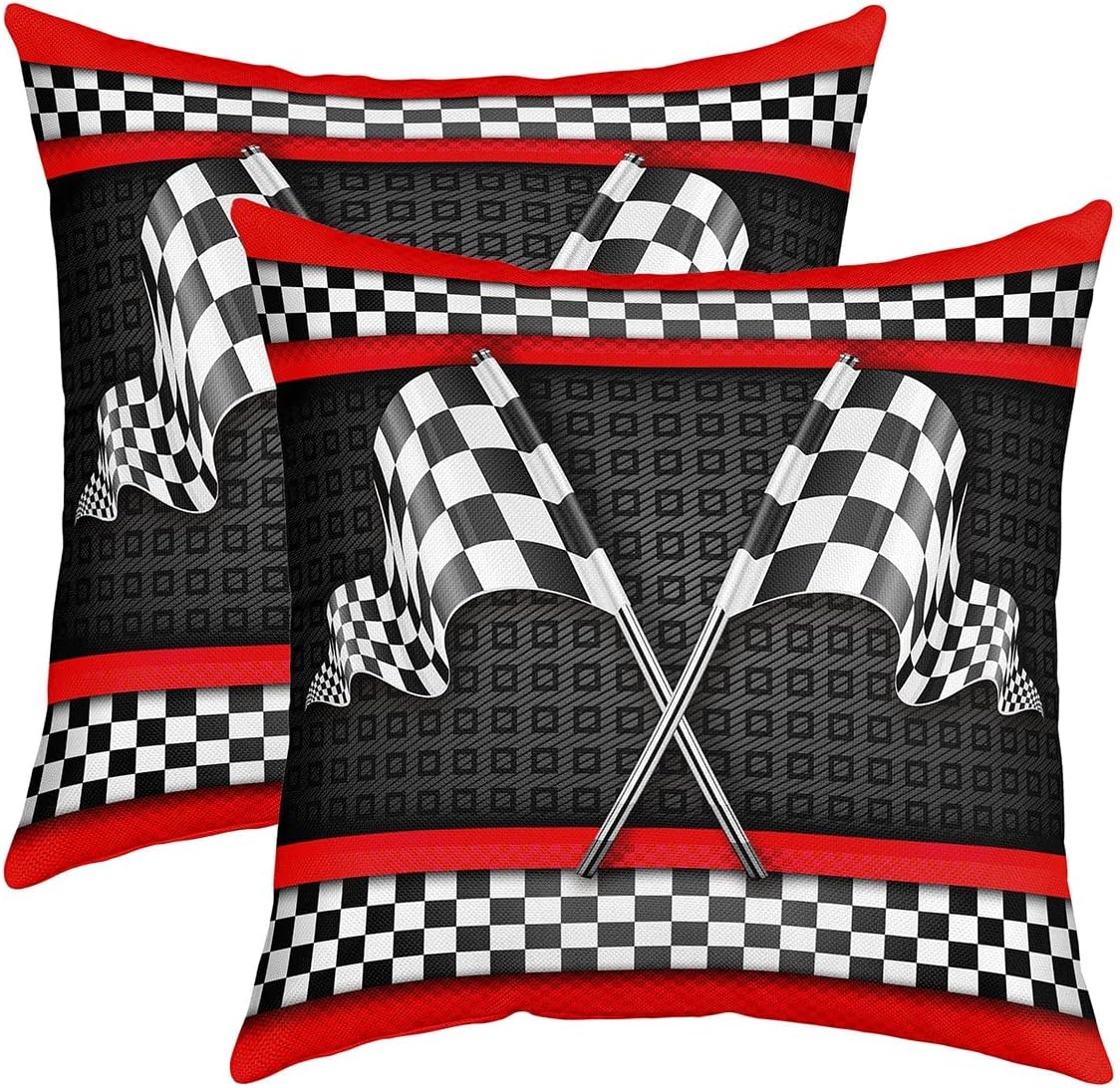 Castle Fairy Red Stripes Geometric Grid Plaid Pillow Case Cover,Race Car Pillow Cover 24"x 24" Soft Square,Black White Checkered Flag Decorative Throw Couch Sofa Pillow Cover 2 Pack