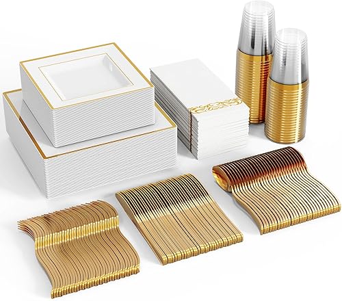 Miniatura 9 de FOCUSLINE Juego de vajilla desechable de 350 piezas para 50 invitados - Platos de plástico resistente con borde plateado, incluye 50 platos de cena