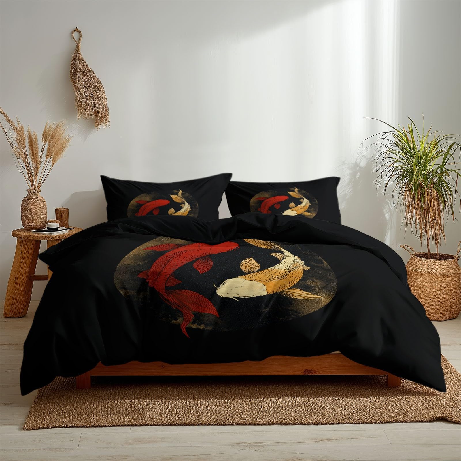 Poszwa na kołdrę 105 cm Obraz Atramentowy Ryby Koi Yin-Yang, Czarna miękka mikrofibra Zestaw pościeli Poszwa na kołdrę 200 x 200 cm i 2 x poszewki na poduszki 50 x 75 cm