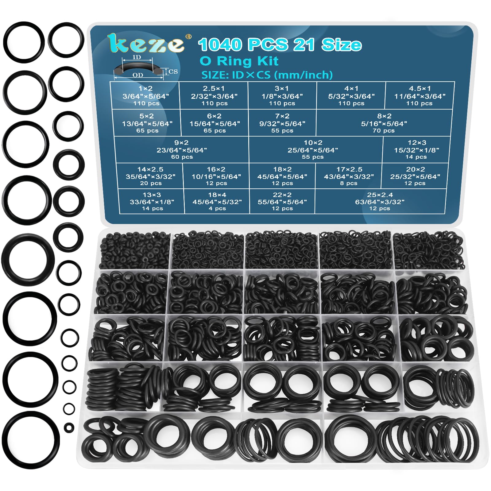 KEZE 1040 Pcs O Ring Kit 21 Size Universal Nitrile Rubber O Ring Assortment Set for Automotive Vehicle Repair Faucet Plumbing Air or Gas Sealing