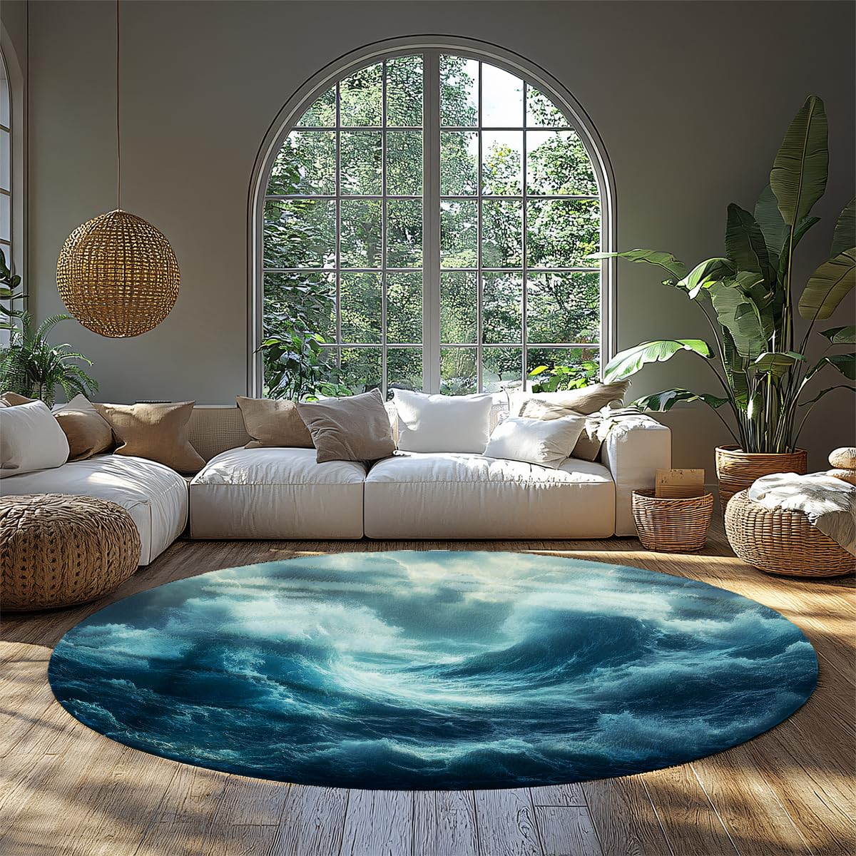 Tapis de salon rond lavable 100cm avec motif vagues de mer antidérapant