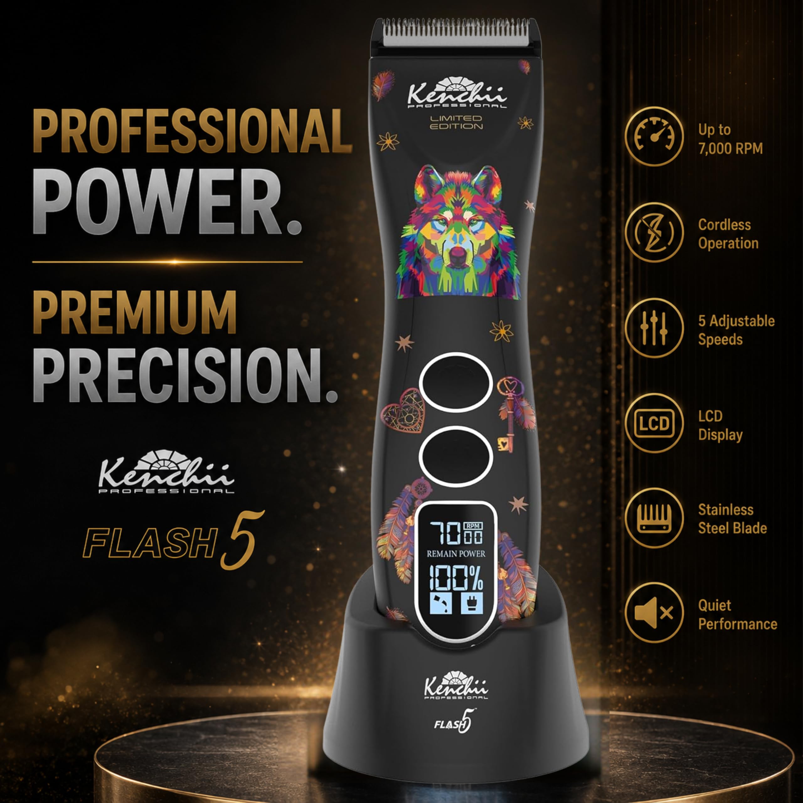 Kenchii Flash 5 Tosatrice per cani Wolf Edition Black, senza fili