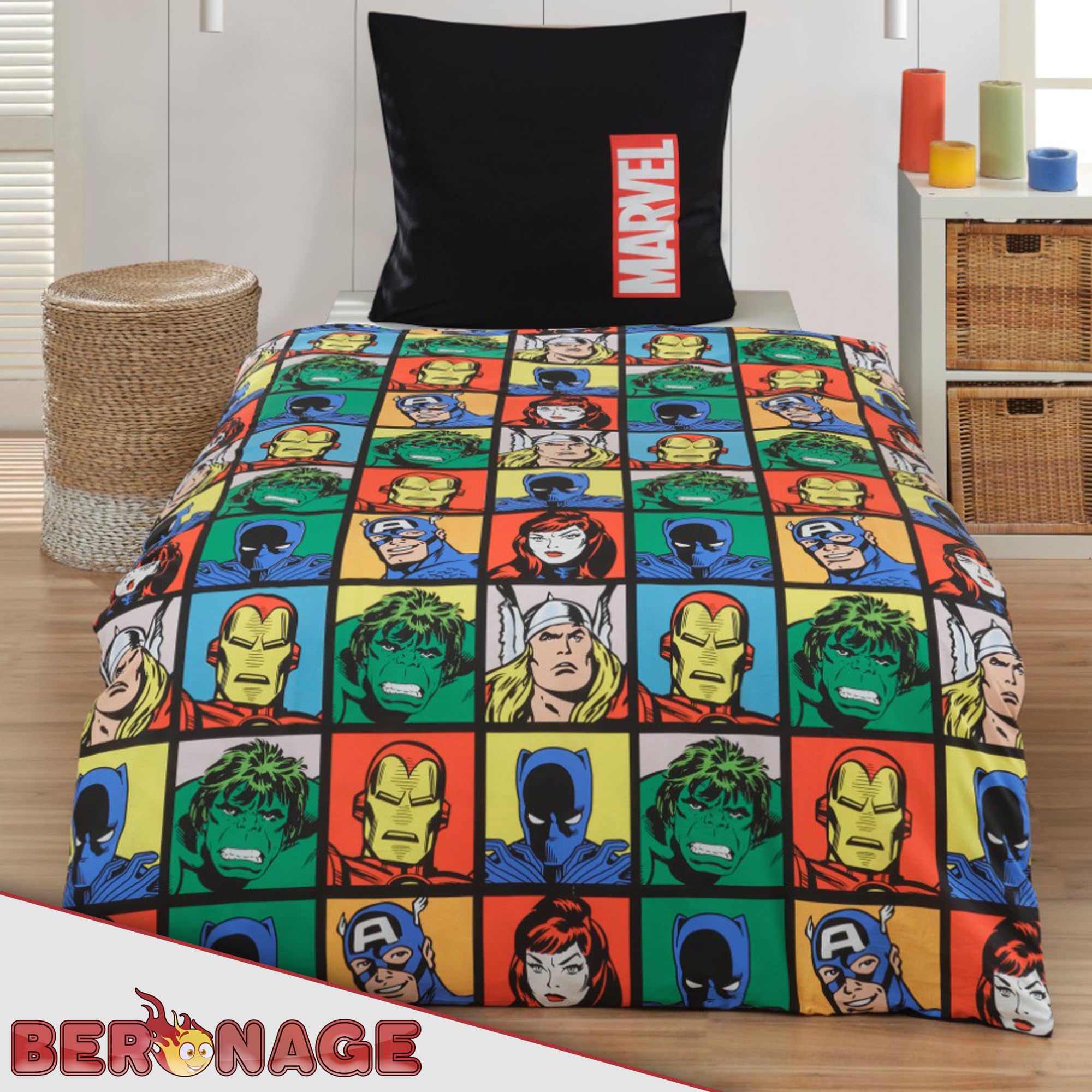 Pościel z logo Marvel 135 x 200 cm + 80 x 80 cm 100% bawełna Linon/Renforcé pościel poszwa na kołdrę MCU komiksy Iron Man Hulk Thor Kapitan Ameryka Spider-Man czarny zamek błyskawiczny