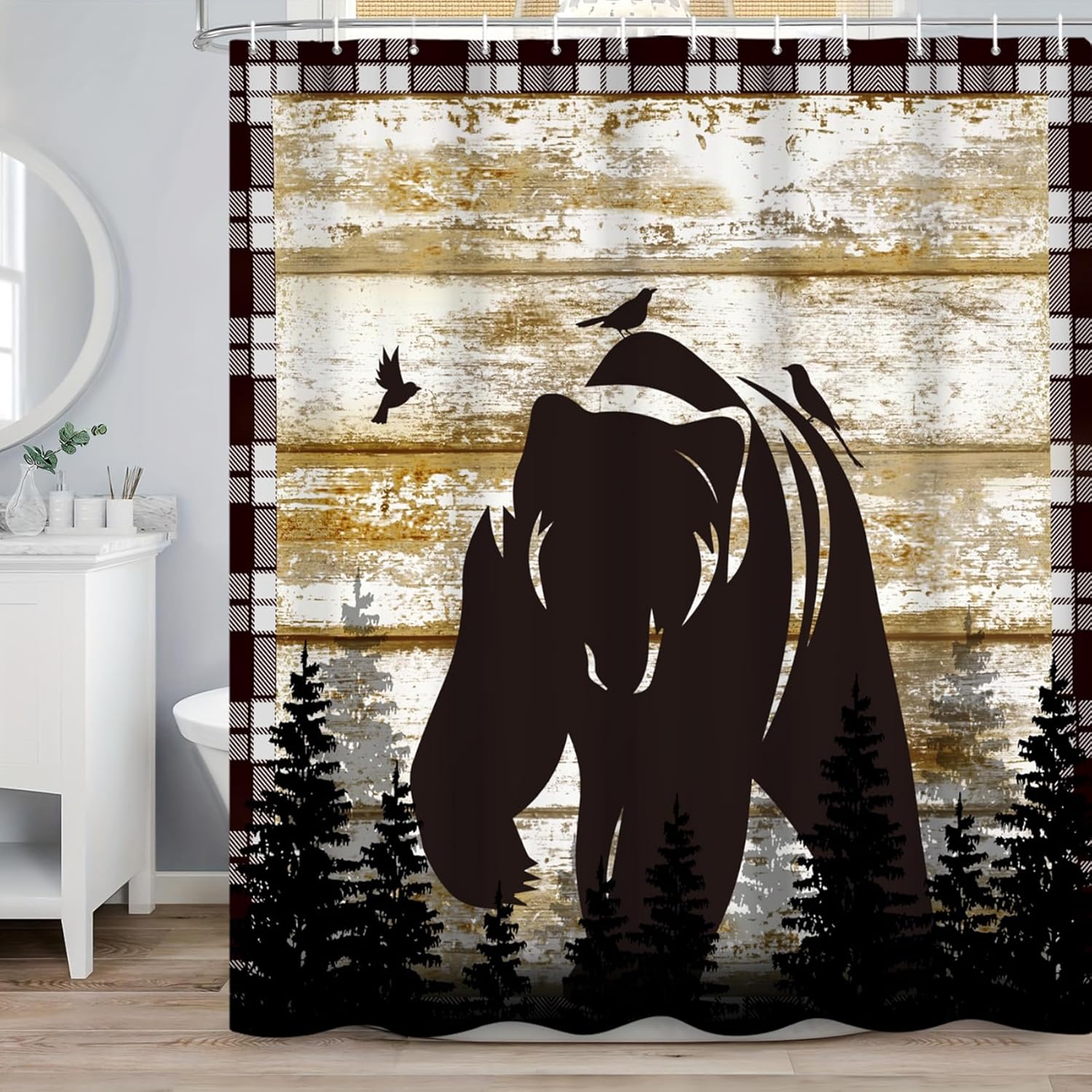 Renaiss 72x72 Inch Black Bear Shower Curtain Black Buffalo Plaid Wildlife Rustic Wooden Plank Nature Forest Farmhouse Shower Curtains for Bathroom Decor Waterproof Polyester Fabric with Hooks