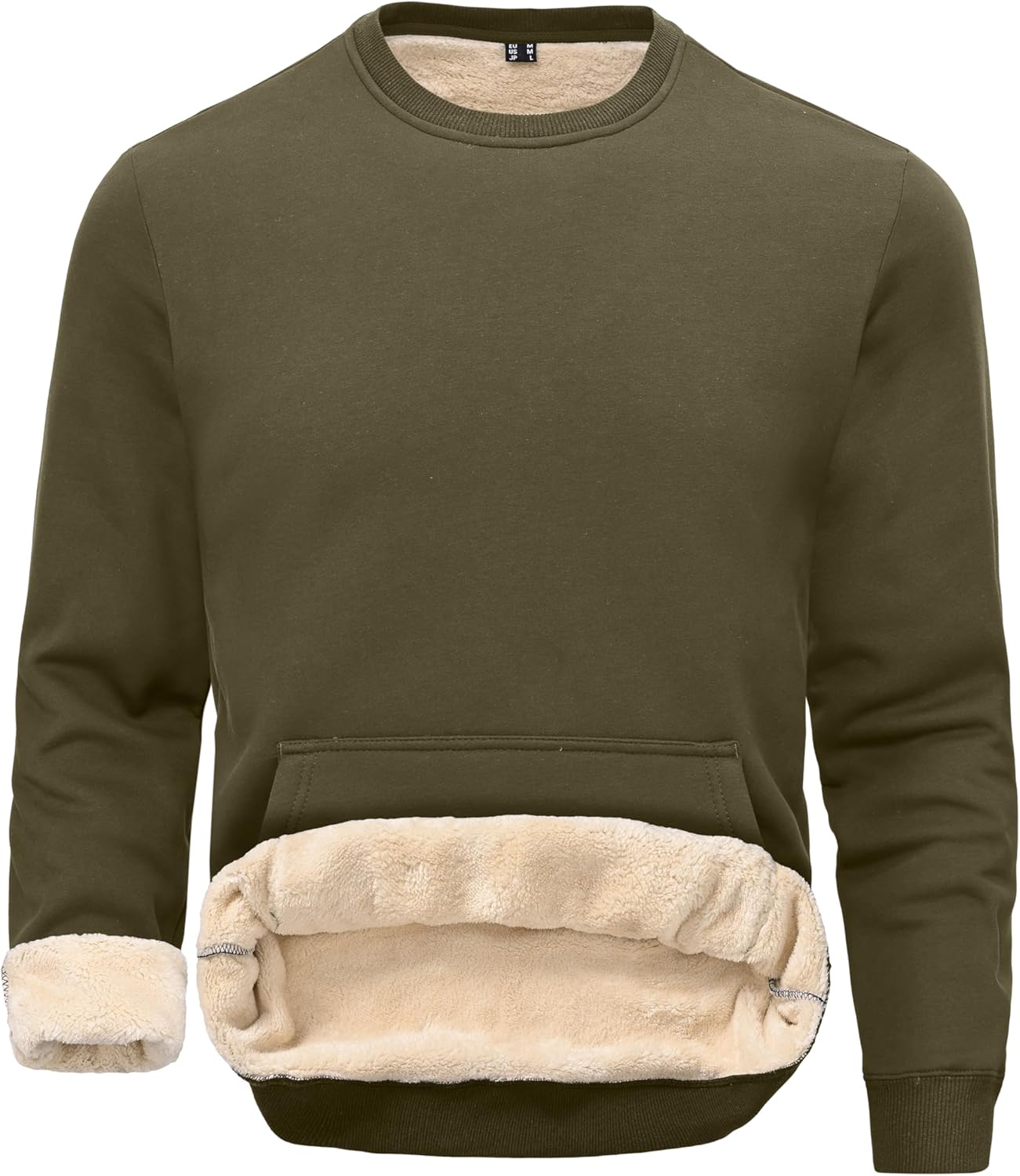 Tansozer Mens Sherpa Lined Crewneck Sweatshirt Warm Fleece Long Sleeve Winter Thermal Pullover with Kangaroo Pocket