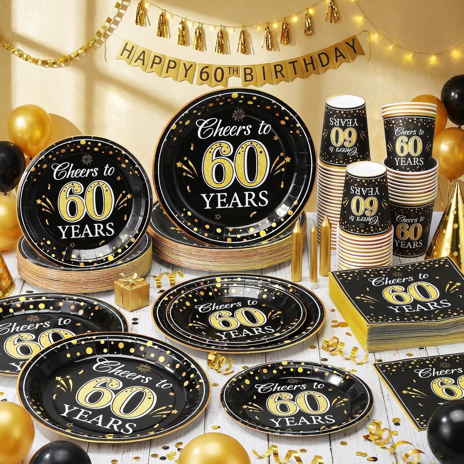 Pickmesh 250 Pcs 60th Birthday Party Supplies Decorations Serve 50 Black Gold Cheers to 60 Years Disposable Paper Plates Napkins and Cups for Women Men 50th Birthday Wedding Anniversary Party Supplies