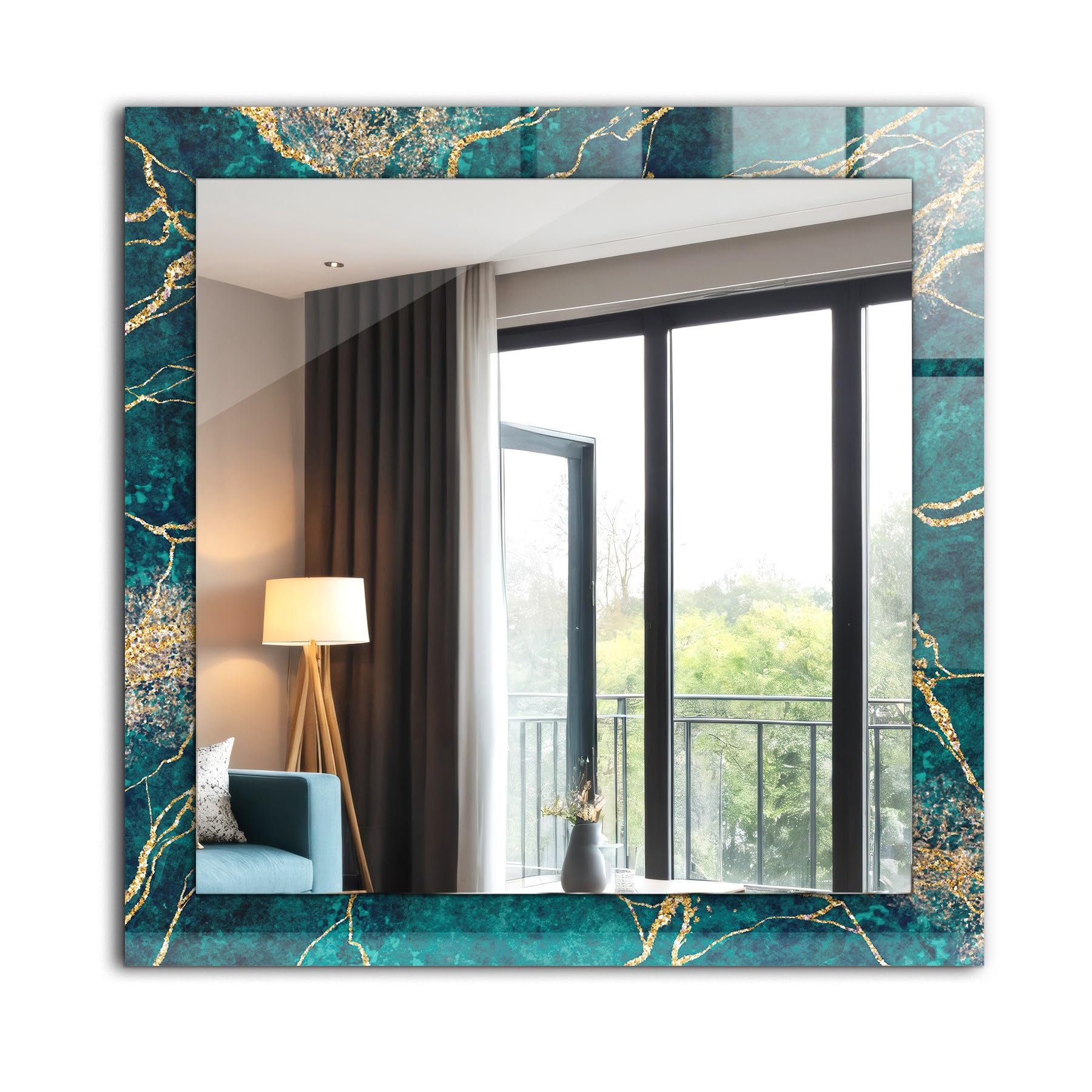 Miroir de luxe imprimé effet marbre vert décoration murale haut de gamme salon 60x60cm