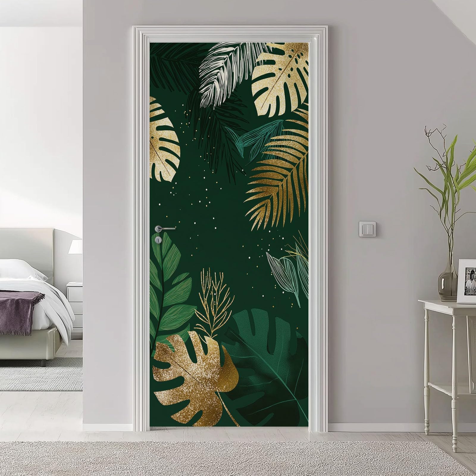 Samoprzylepna naklejka na drzwi z motywem roślin, 80 x 210 cm, tropikalne liście, monstera, wodoodporna tapeta na drzwi z folii samoprzylepnej, ciemnozielona dekoracja DIY, plakat PCW, tapeta na drzwi