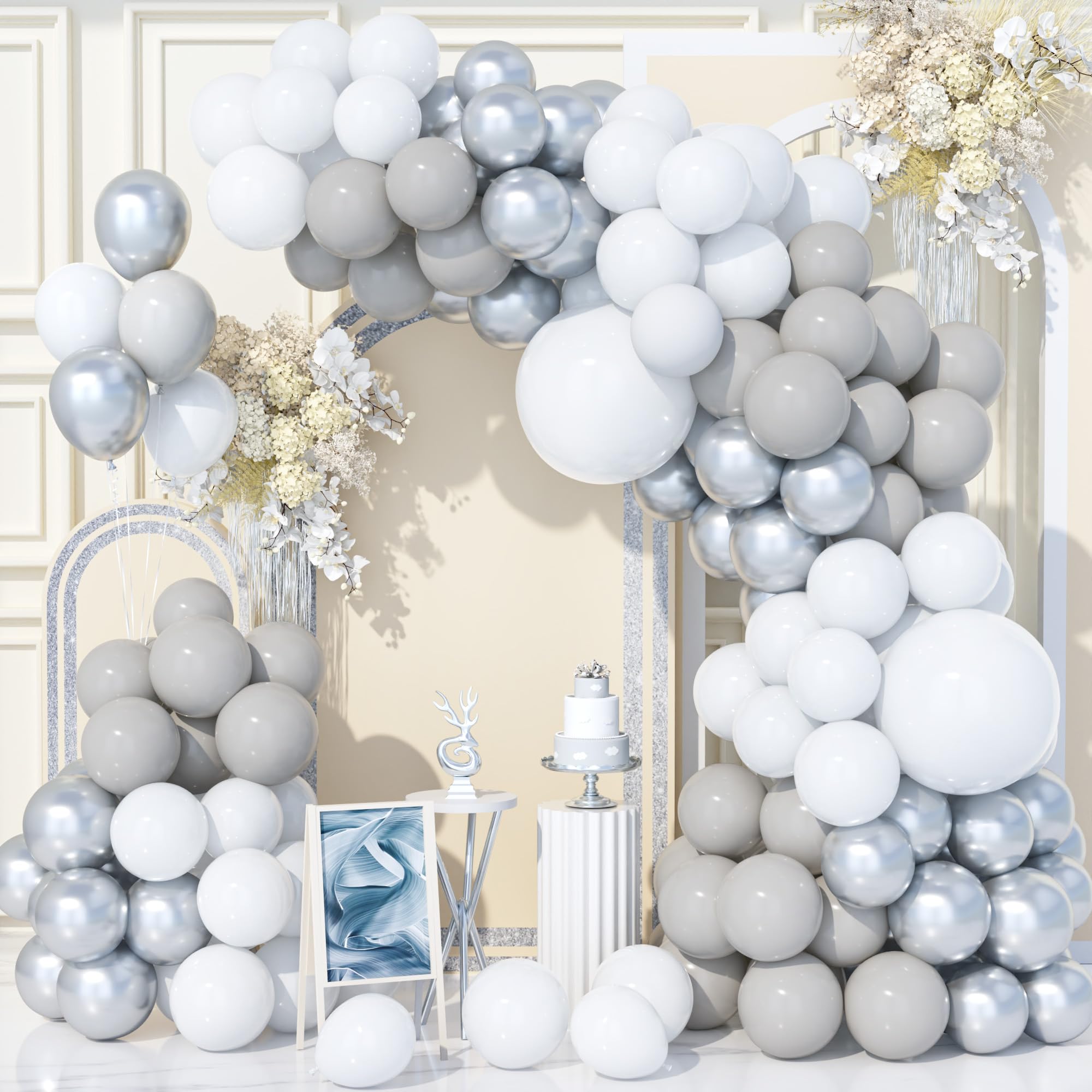 Teselife Kit Arco Globos 140 Piezas Color Blanco Plateado Gris, Kit Guirnalda Globos Fiesta Color Blanco Metálico Plateado Para Cumpleaños Baby Shower Boda Aniversario Carnaval Suministros Decor