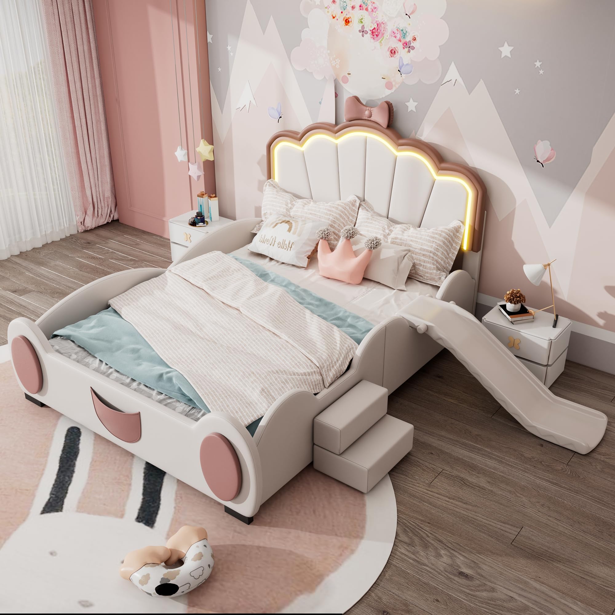 Letto imbottito per bambini - 140 x 200 cm - Motivo cartone animato - Testiera con design d'atmosfera - Letto per bambina con rete a doghe, scivolo e scala - Per camera dei bambini - Senza