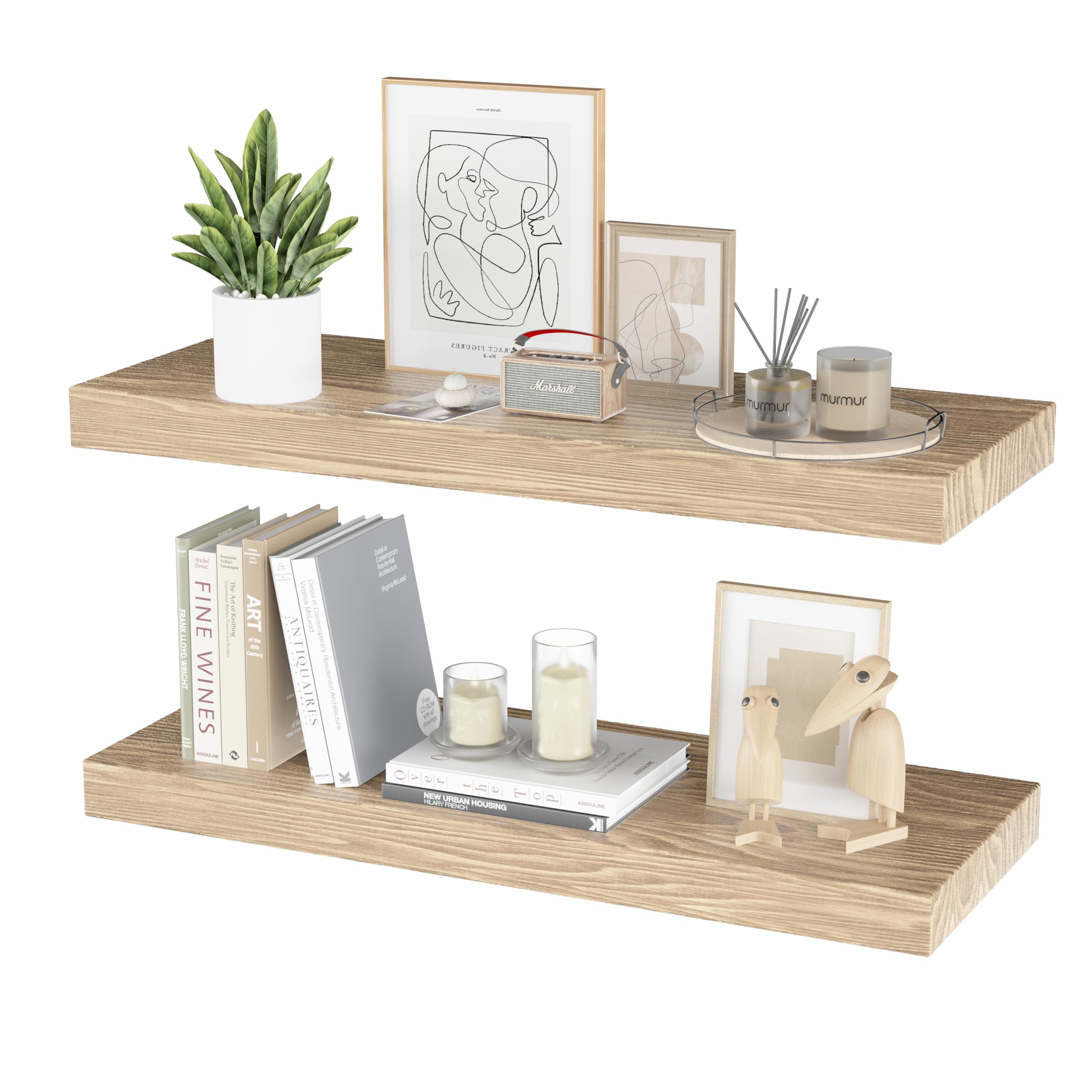 Floating Shelves for Wall - 24 x 9 Inch Natural Wood Shelves for Bathroom, Bedroom, Kitchen Decor, Farmhouse Decor Set of 2