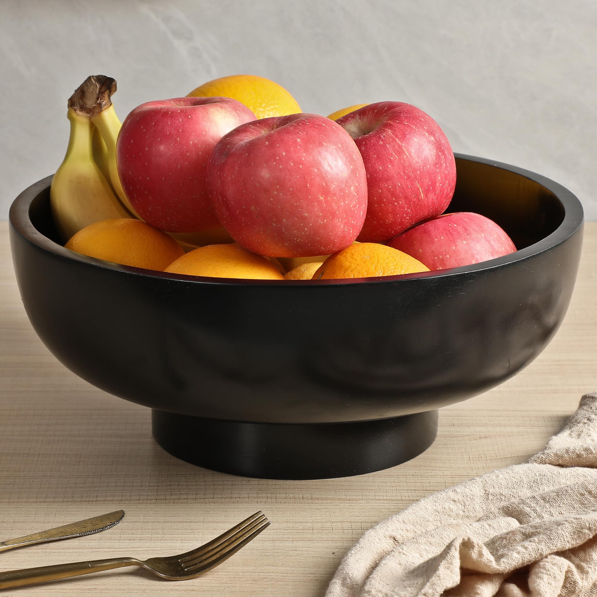 Ciotola Portafrutta In Metallo E Bambù Per Cucina: 25 Cm, Design Moderno Nero Opaco, Cesto Areato Per Frutta E Verdura, Centrotavola