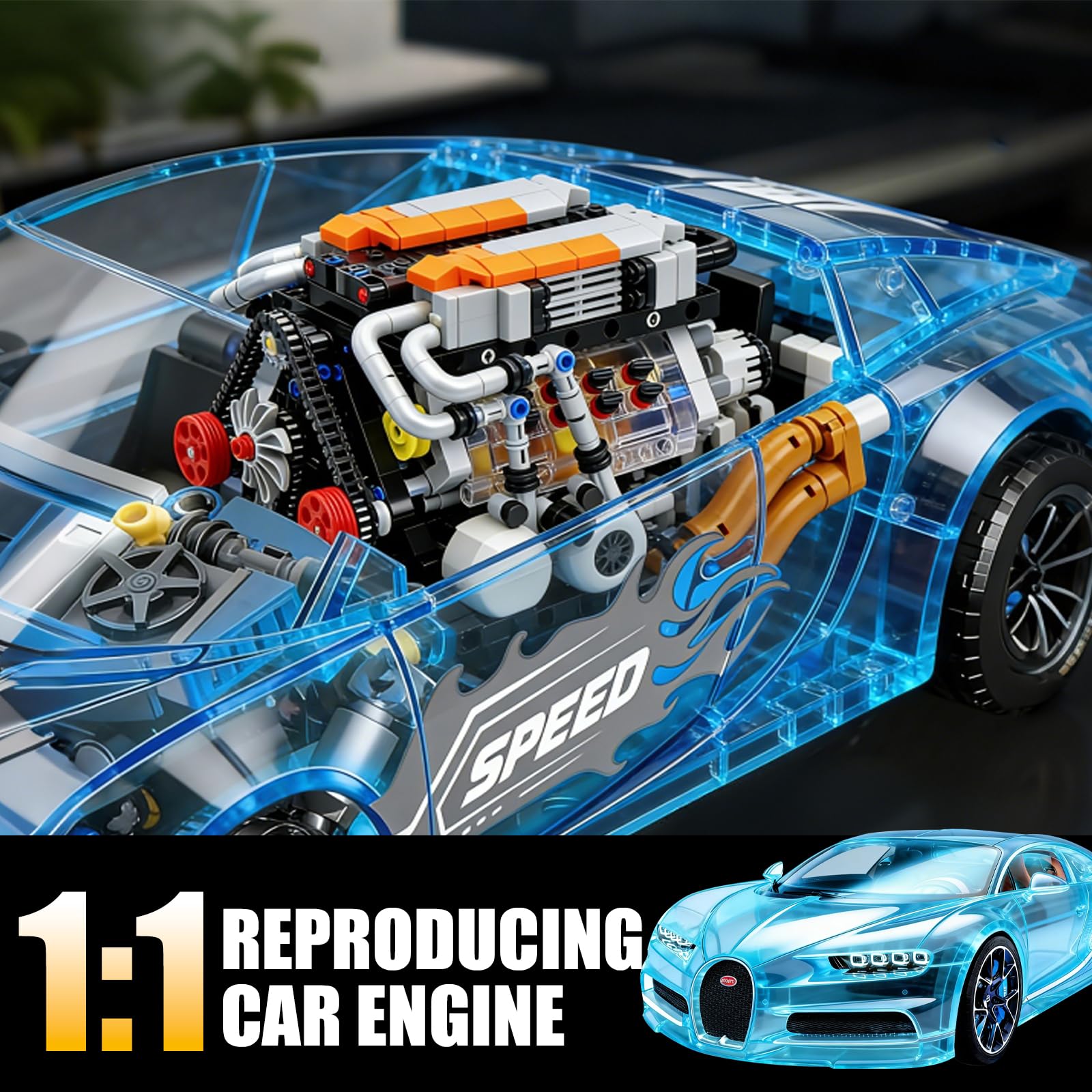 Technik V8 - Kit di costruzione per motore a morsetto, W16 visibile con 16 cilindri, motore ricaricabile, compatibile con Lego, per appassionati di auto e ragazzi dai 14 anni in su (1063 pezzi)