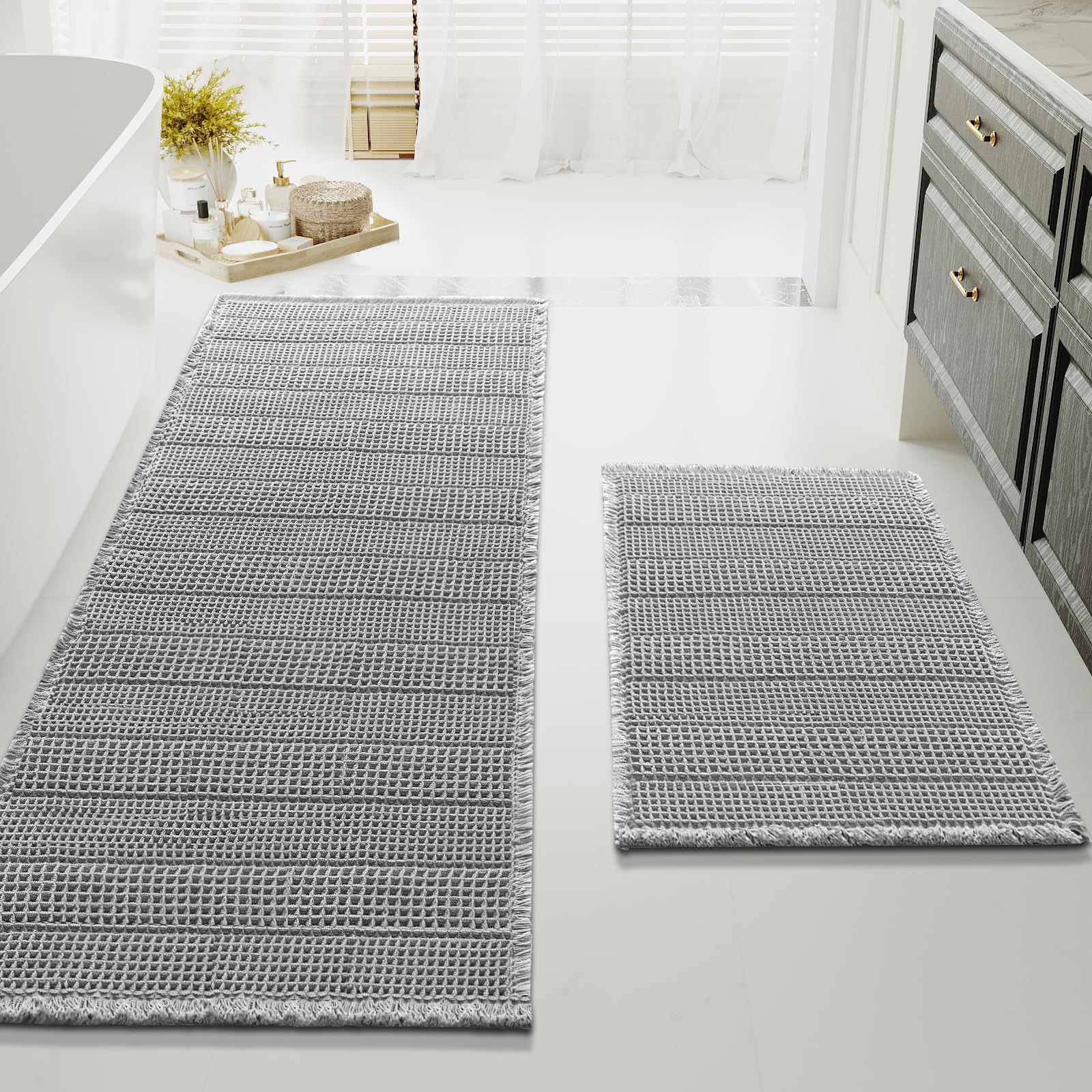 H.VERSAILTEX Waffle Bath Mat Super Absorbent Bathroom Mats Non Slip Bath Rugs for Bathroom Floor Machine Washable Ultra Soft Bathroom Rugs for Beside Tub, (32 x 20 Plus 24 x 60 - Inches, Dove)OEKO-TEX STANDARD 100