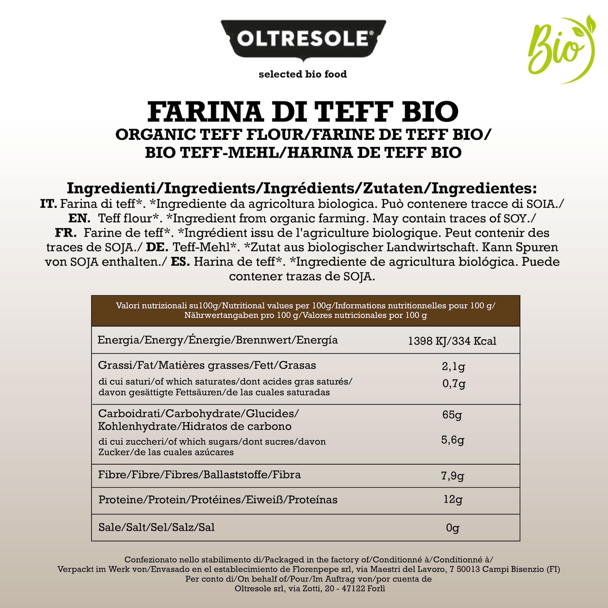 Oltresole | Farina di Teff Biologica Integrale - 1 kg | Farina Biologica Integrale Ricca di Fibre e Proteine, Versatile per Ricette Dolci e Salate | Senza Glutine, Vegana e Senza OGM