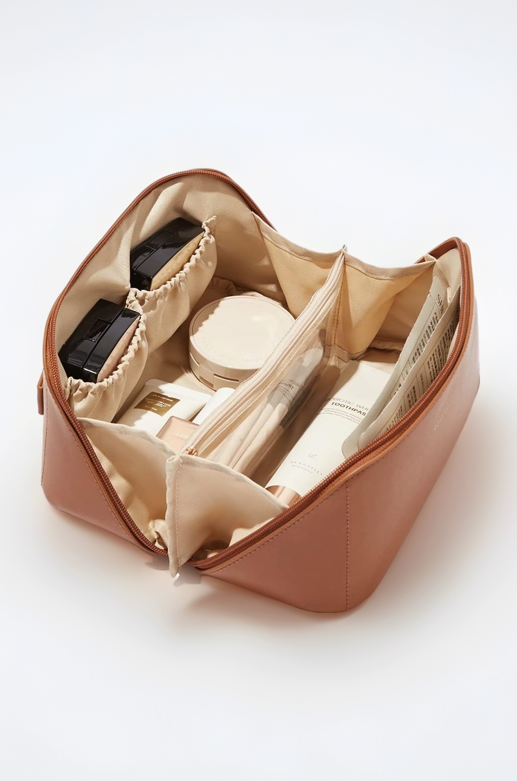 Large Capacity Travel Cosmetic Makeup Bag, Waterproof Makeup Pouch with Handle and Divider, Portable Open Flat Toiletry Organizer Bag for Women (Brown)