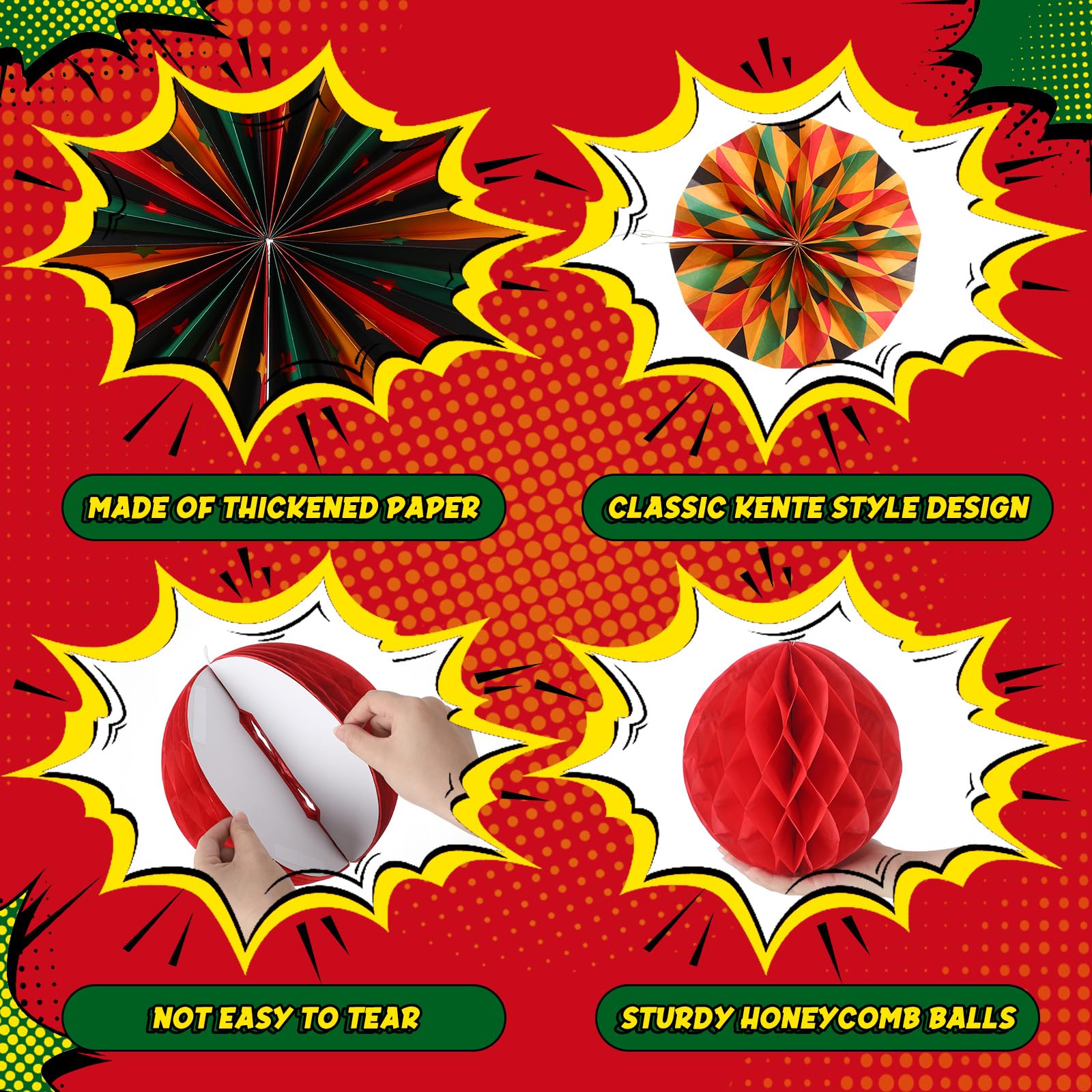 Outus Juneteenth Dekorationen Set – 15 Teile Mit Papierfächern, Wimpelkette, Luftschlangen, Kente-Muster