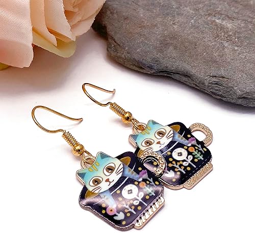 Miniatura 4 de Cat Earrings - Super Cute Kitty in a Teacup Enamel Charm Beads on Nickel Free Hooks  38mm