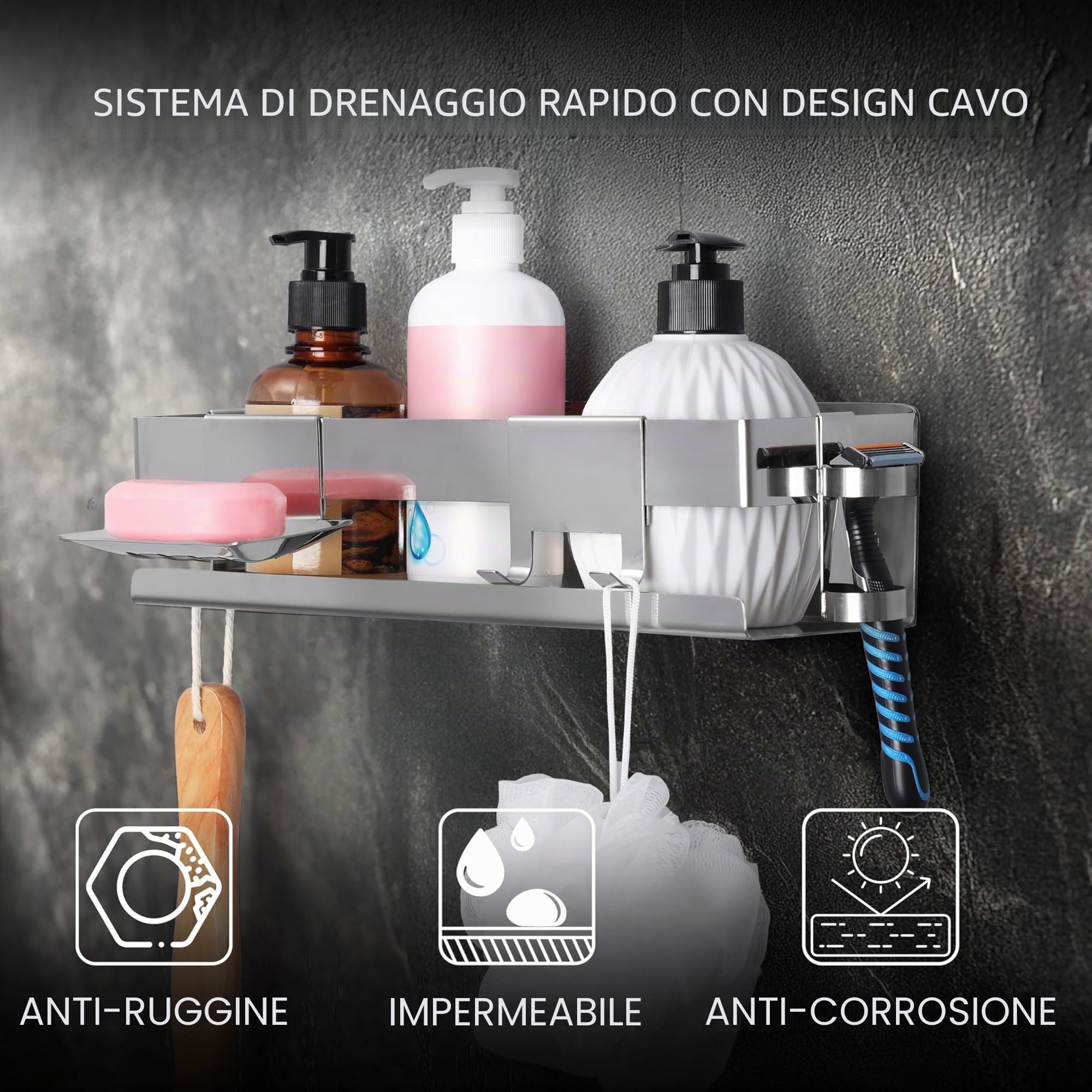 BELLE VOUS Mensola Doccia - Mensola Porta Bagnoschiuma da Bagno - Installazione Senza Foratura - Adesiva in Acciaio Inox - Organizer per Oggetti e Accessori - Soluzione 5-in1