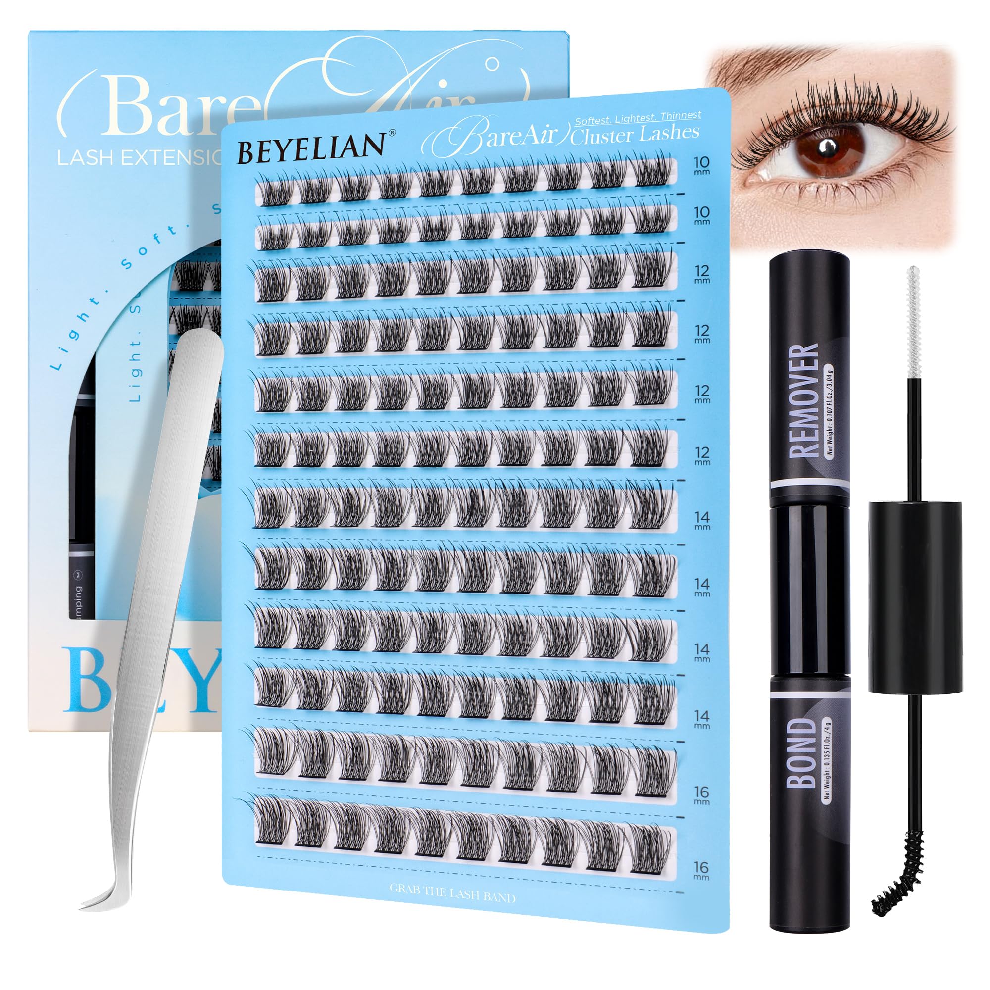 BEYELAN Lash Clusters Kit Natural DIY Eyelash Extension Kit with Bond and Remover and Applicator for Self Application at Home 10-16mm 120 Pcs (CCE103)