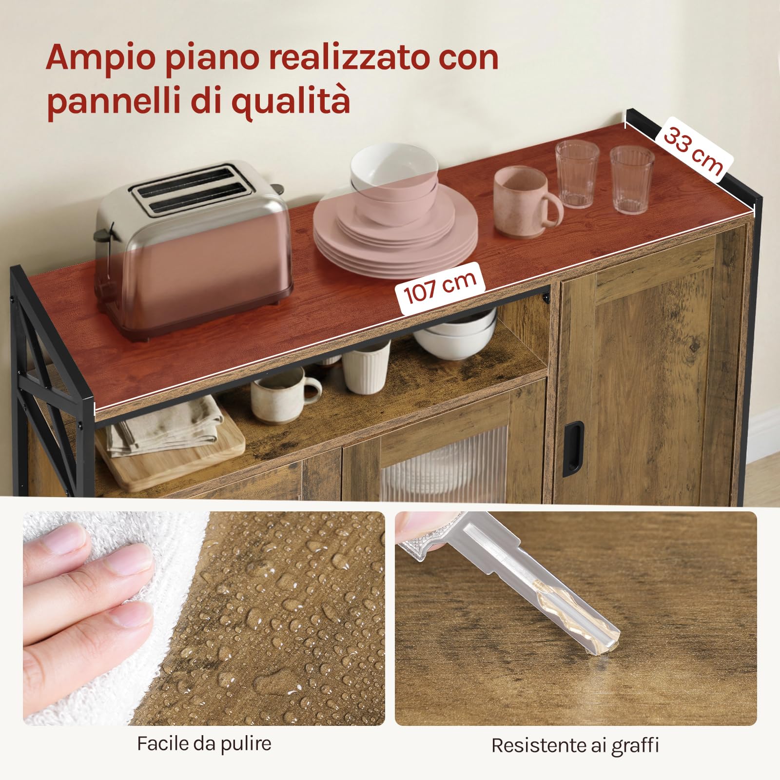 WOLTU Credenza Cucina con 3 Ante, Mobile Buffet Salvaspazio con 2 Ripiani Regolabile, in Legno e Metallo, per Cucina, Soggiorno, Ingresso, 110x33x75 cm, Effetto Legno Marrone