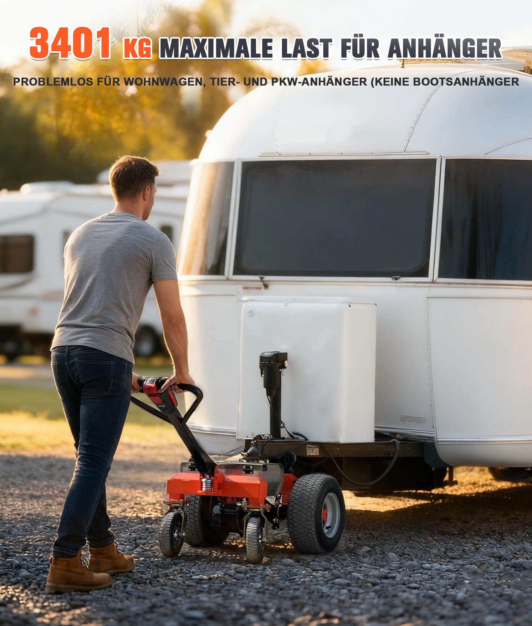 Elektrischer Bollerwagen für Anhänger, 3400 kg Tragkraft, 800W Funkfernbedienung mit Vor-/Rücklauf & Bremse, 6 Räder Kippschutz, Kupplungskugel 47,6 mm & 50 mm für Camping und Wohnwagen