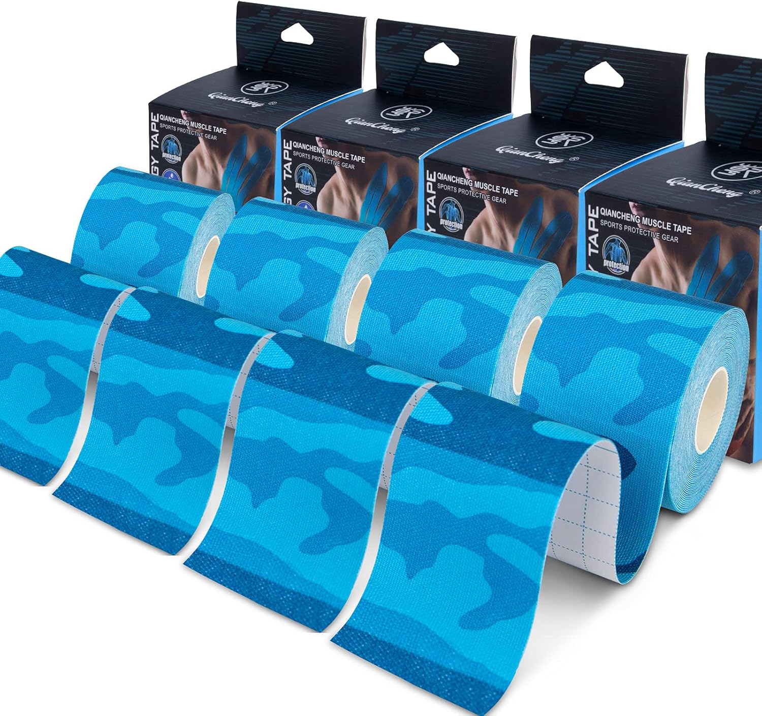 4 Pack Kinesiology Tape for Sports Athletes - 16 FT Waterproof Athletic Tape for The Knee, Elbow and Shoulder Muscles, etc. (Camouflage Blue) : Health & Household