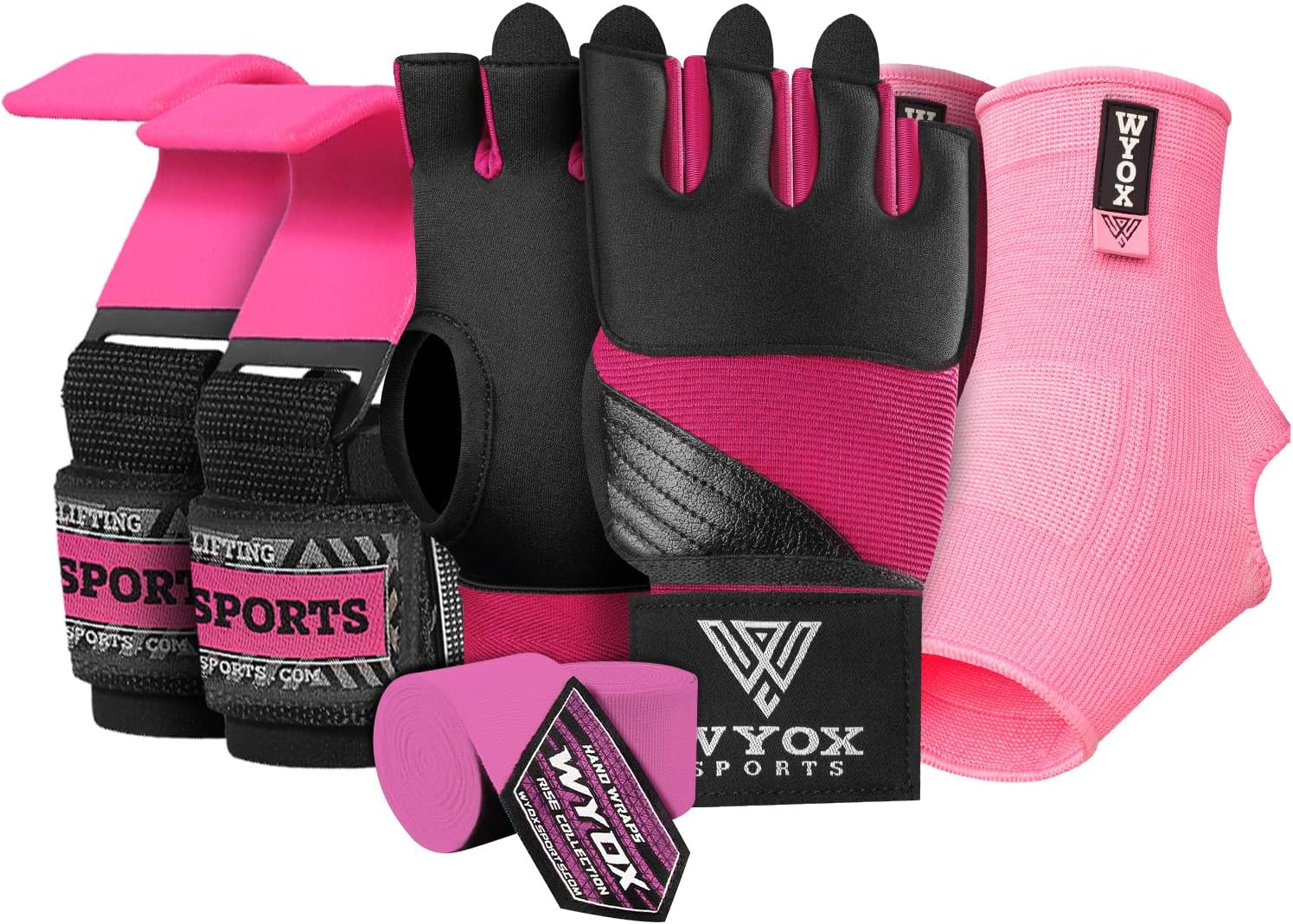 WYOX Sports Training Bundle: Ankle Compression Sleeve, Gel & Mexican Style Hand Wraps Inner Gloves, Wrist Support Lifting Hooks for Gym, Boxing, Kickboxing, Muay Thai, Martial Arts & Recovery