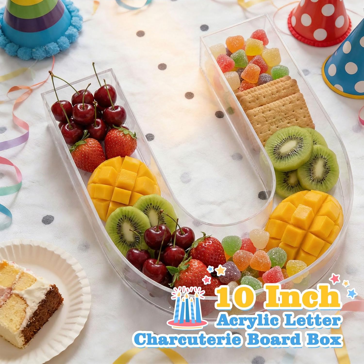 Ledido 10’’ Acrylic Letter Charcuterie Board Box, Reusable Fillable Serving Tray for Candy Cake Fruit Snack, Easy-Clean Acrylic Charcuterie Tray for Birthday Anniversary Party Decorations, Letter U