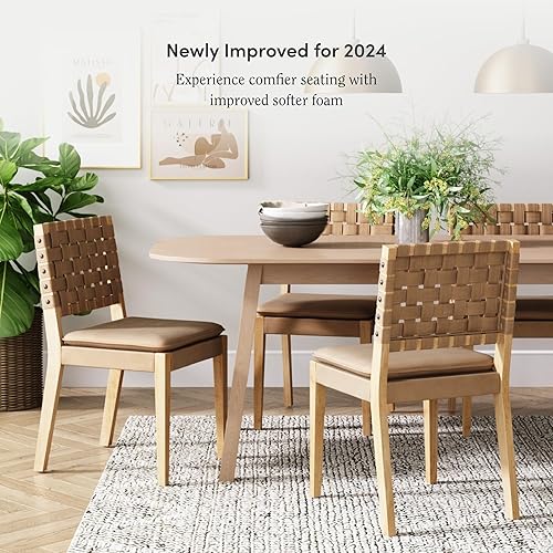 Miniatura 3 de Nathan James Cohen Silla de comedor de madera, silla lateral tapizada moderna de mediados de siglo con respaldo de piel sintética tejida a mano, 20